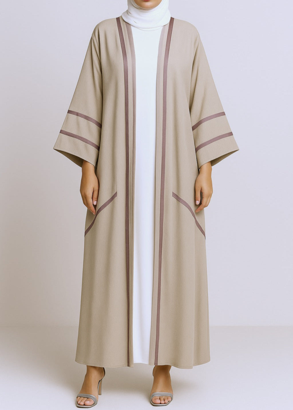 Beige Amara French Contrast Seam Abaya