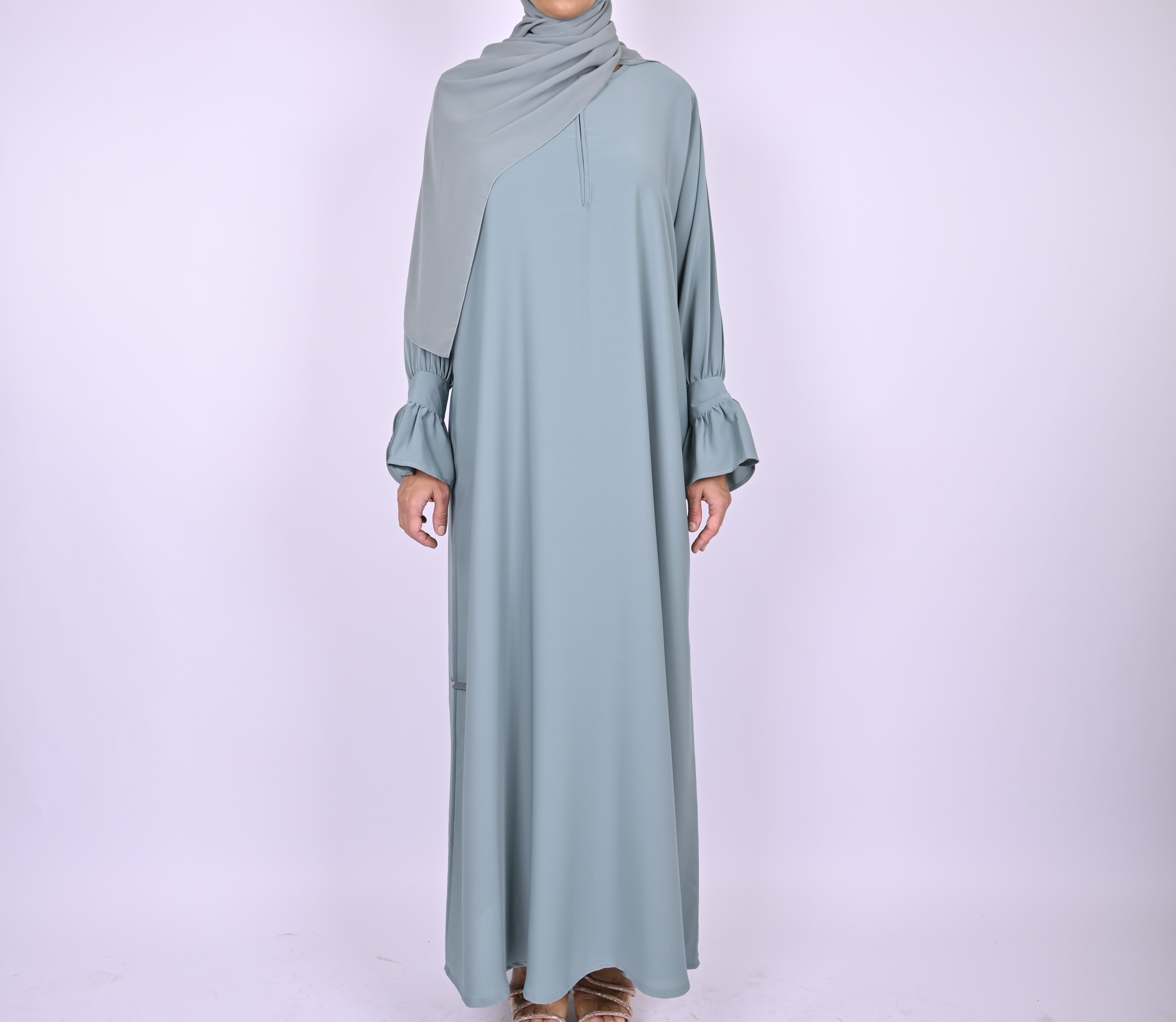 Blue Turkish Style Abaya With Frill Cuffs