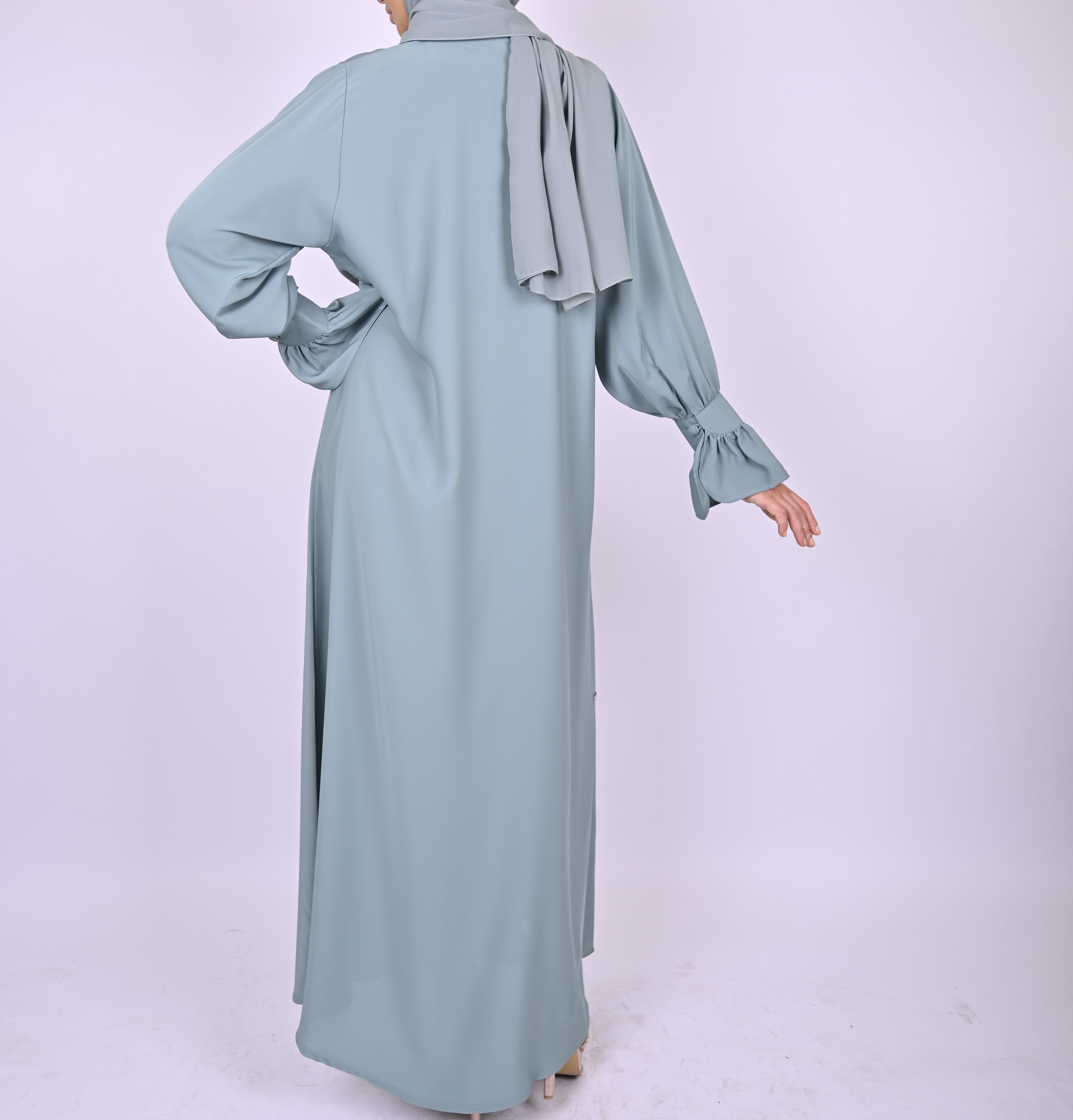 Blue Turkish Style Abaya With Frill Cuffs