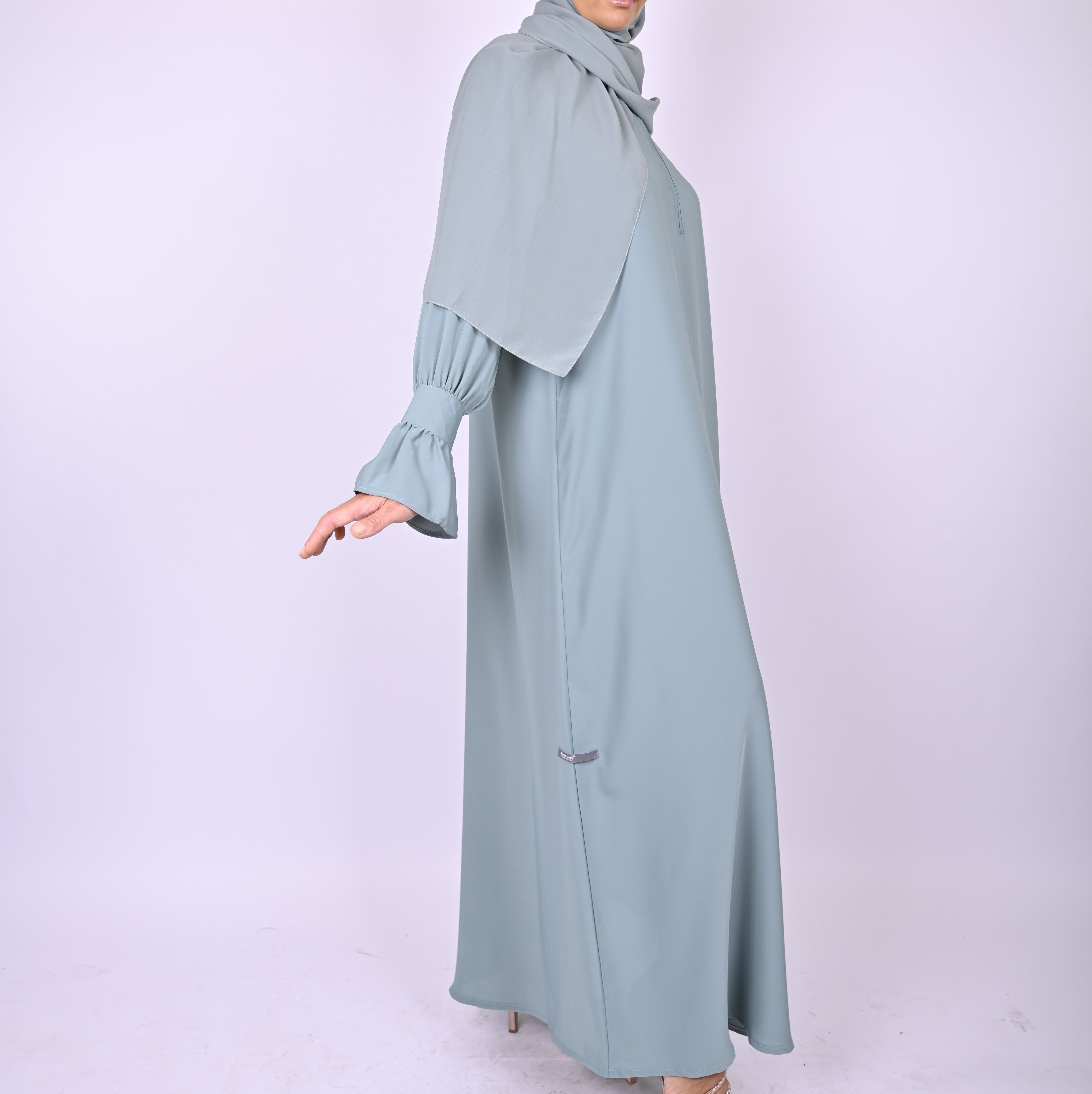 Blue Turkish Style Abaya With Frill Cuffs