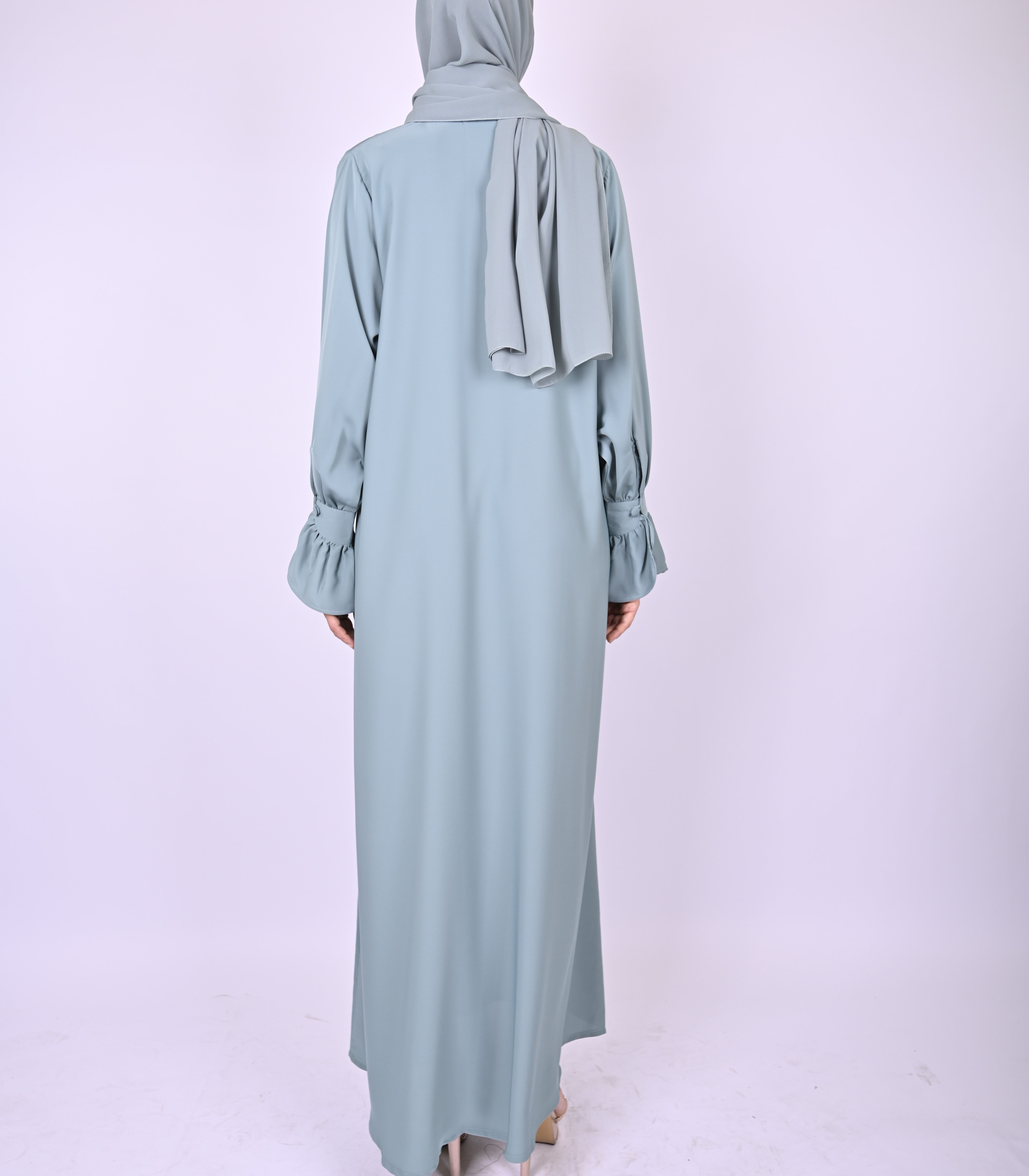 Blue Turkish Style Abaya With Frill Cuffs
