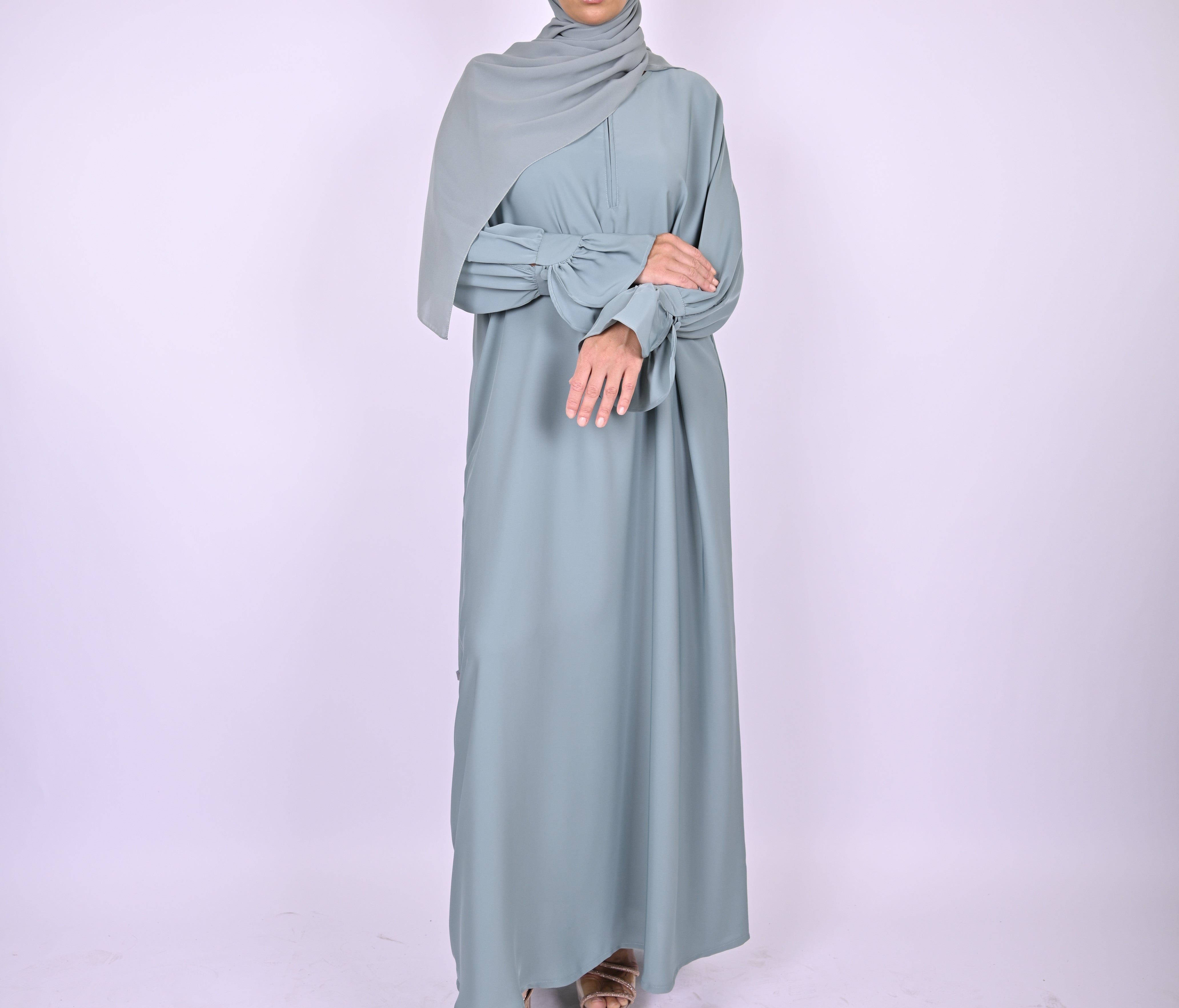 Blue Turkish Style Abaya With Frill Cuffs
