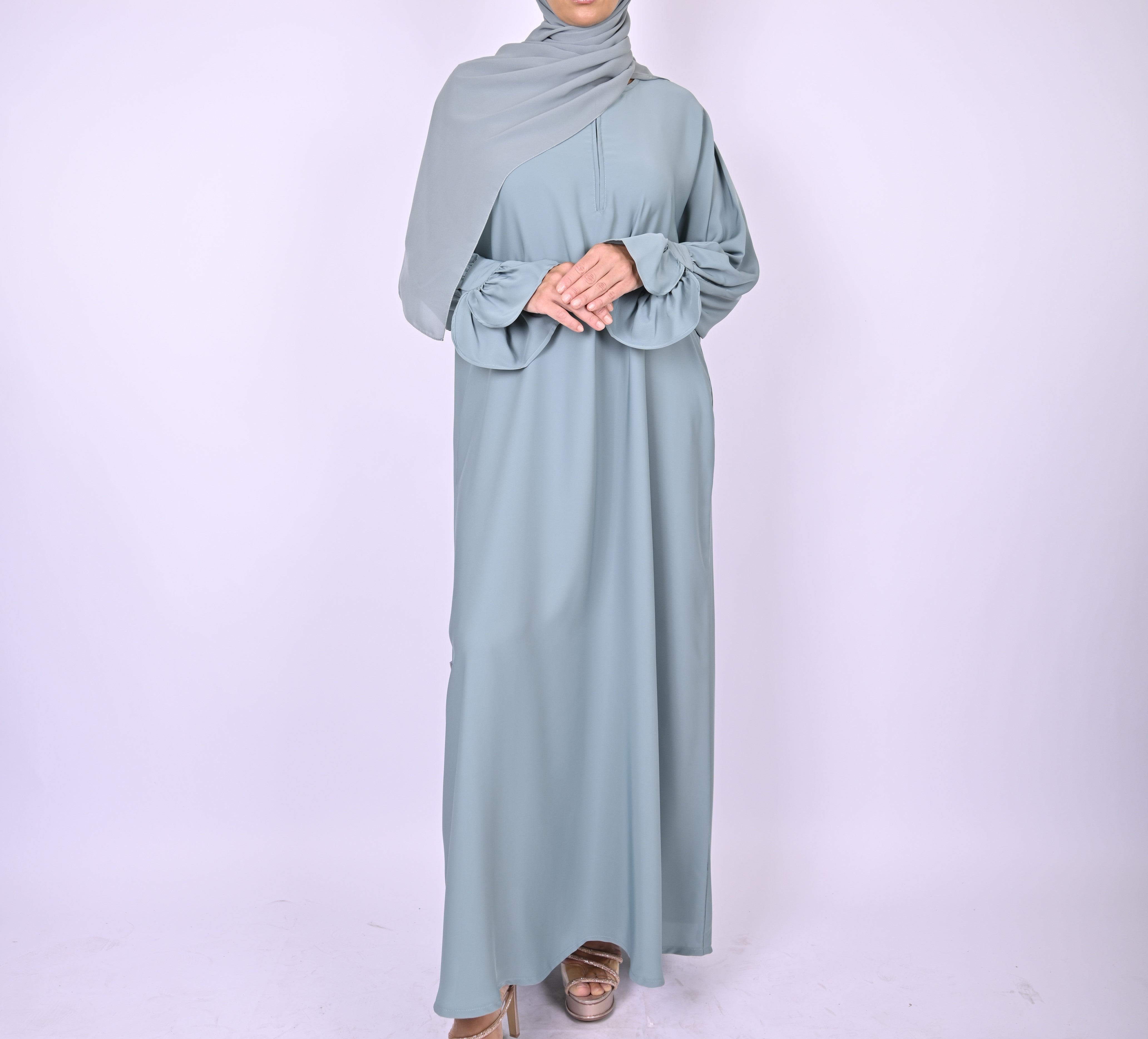 Blue Turkish Style Abaya With Frill Cuffs