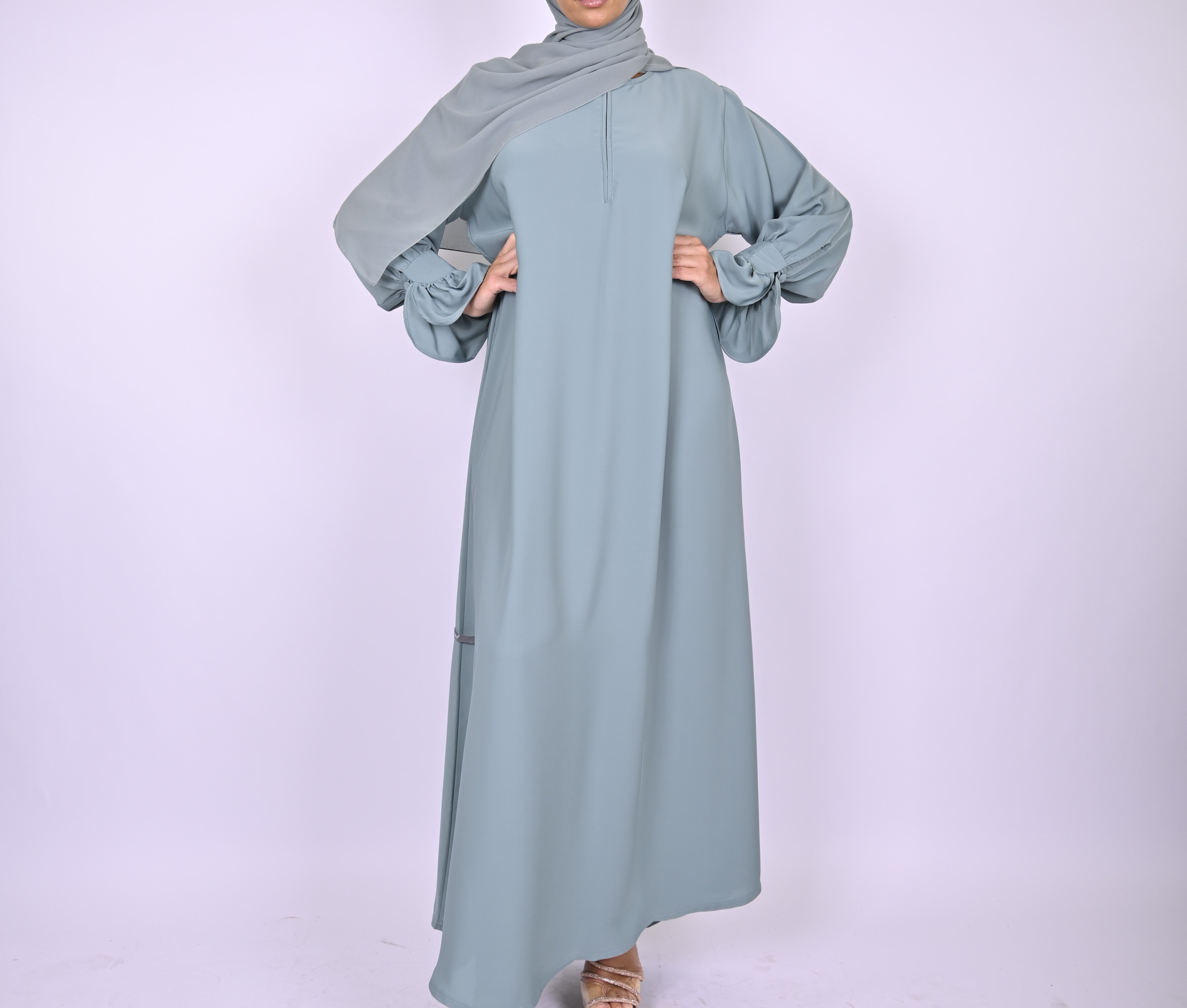 Blue Turkish Style Abaya With Frill Cuffs