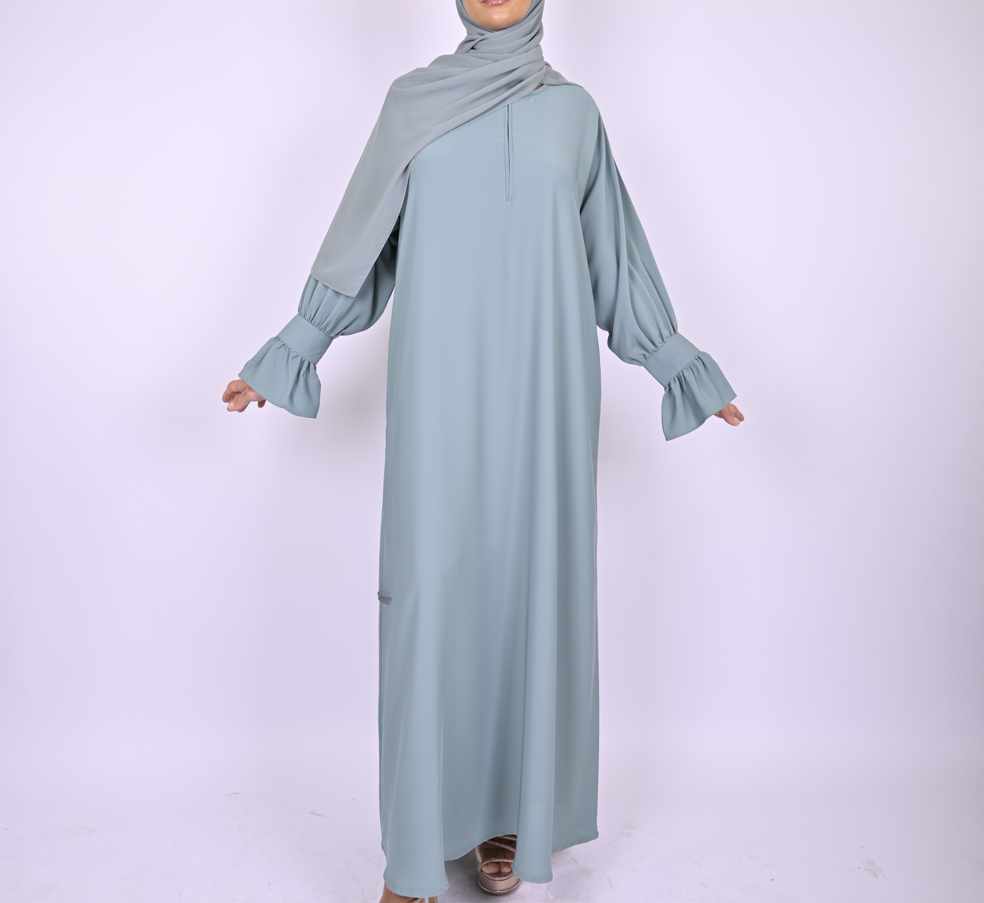 Blue Turkish Style Abaya With Frill Cuffs