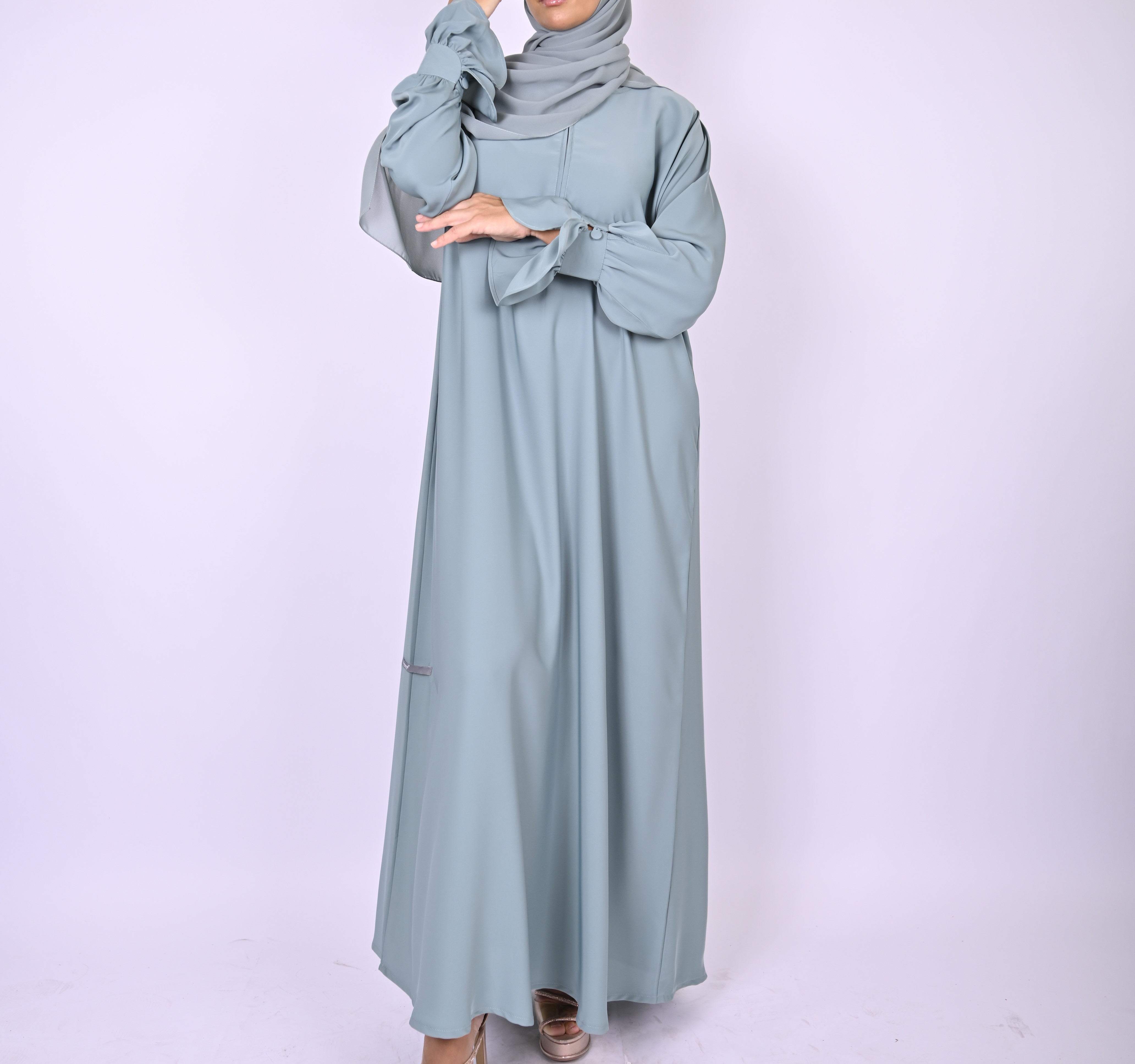 Blue Turkish Style Abaya With Frill Cuffs