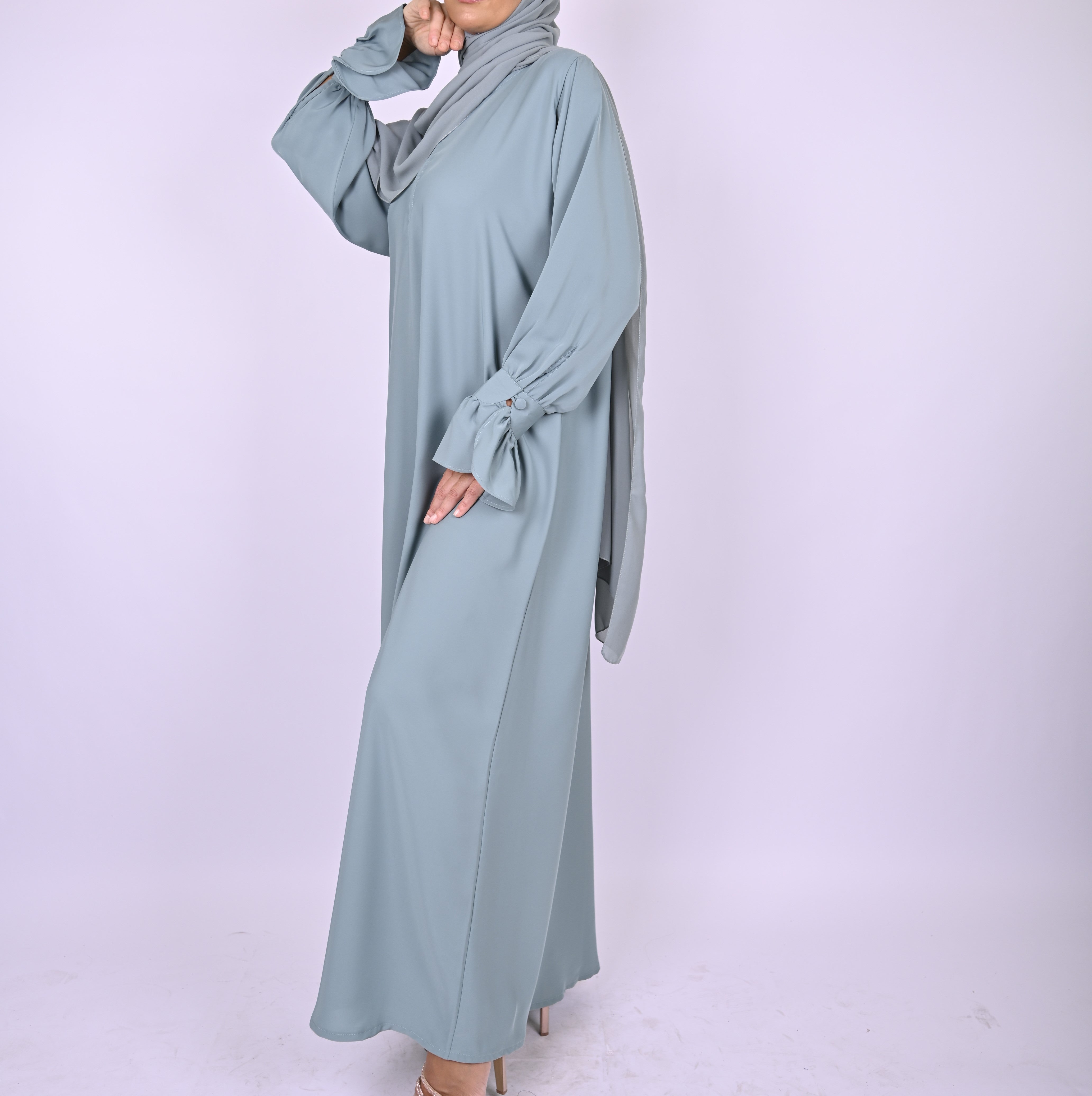 Blue Turkish Style Abaya With Frill Cuffs
