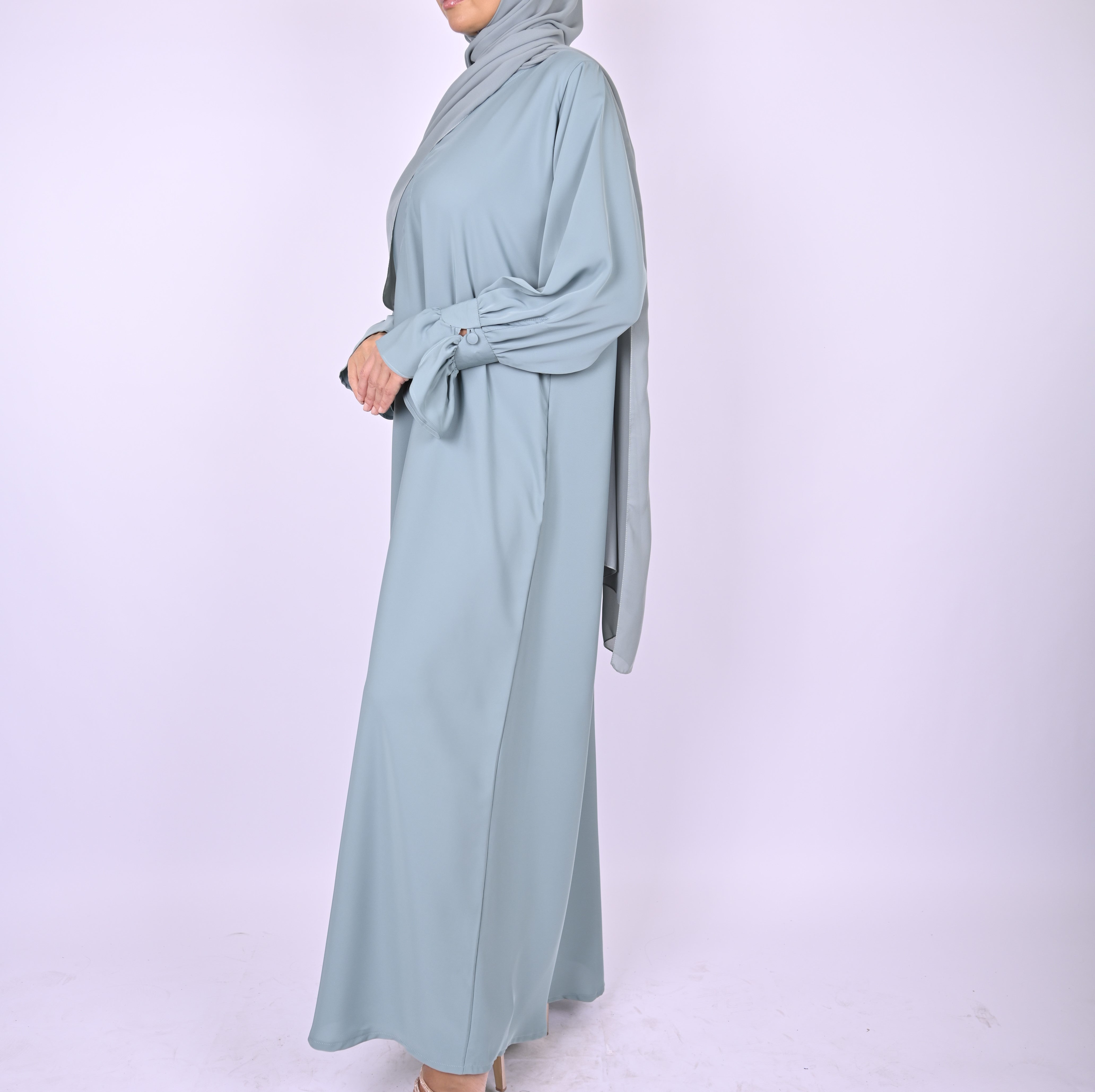 Blue Turkish Style Abaya With Frill Cuffs