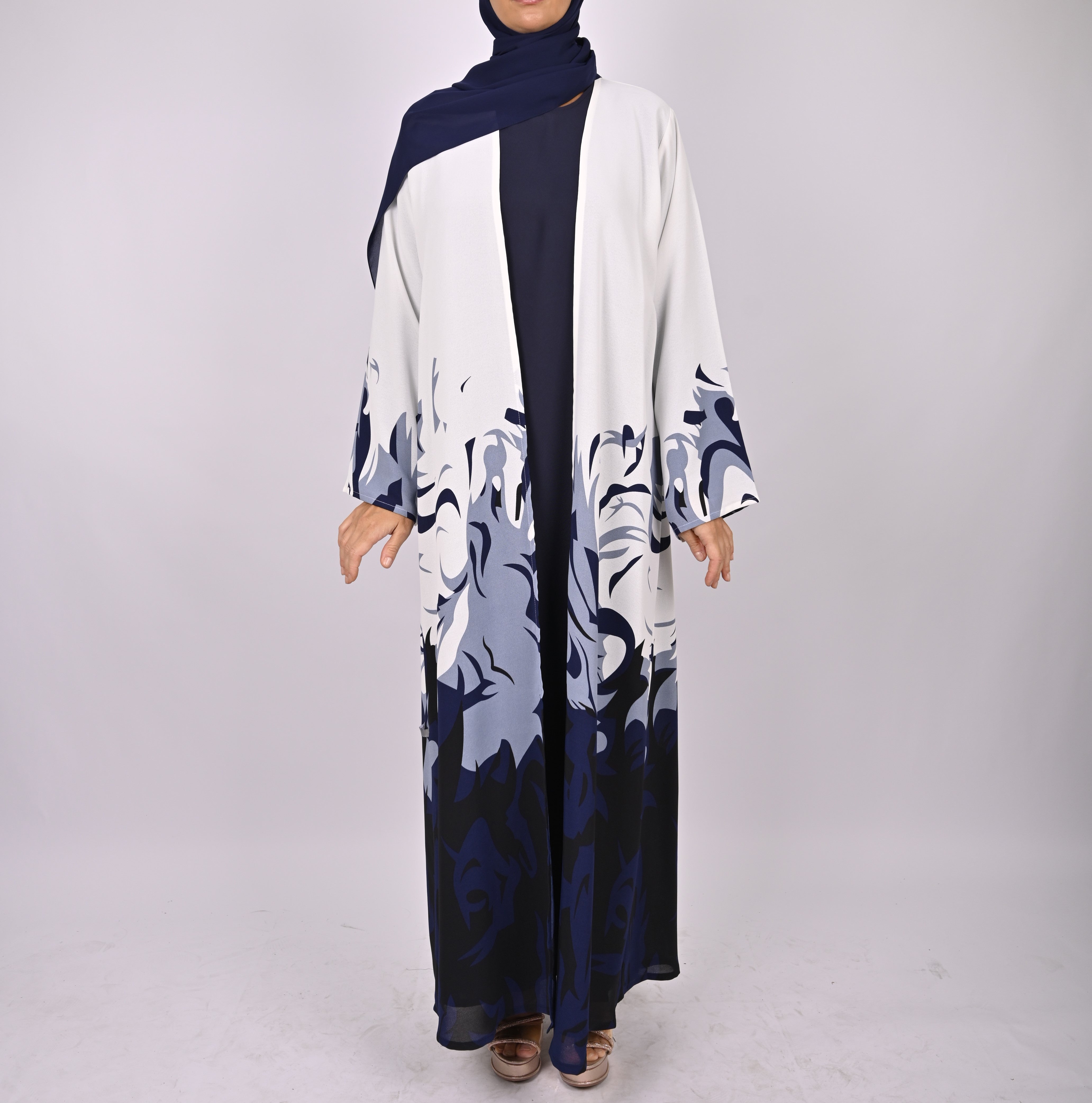 Blue/White Printed Floral Kimono Abaya Set