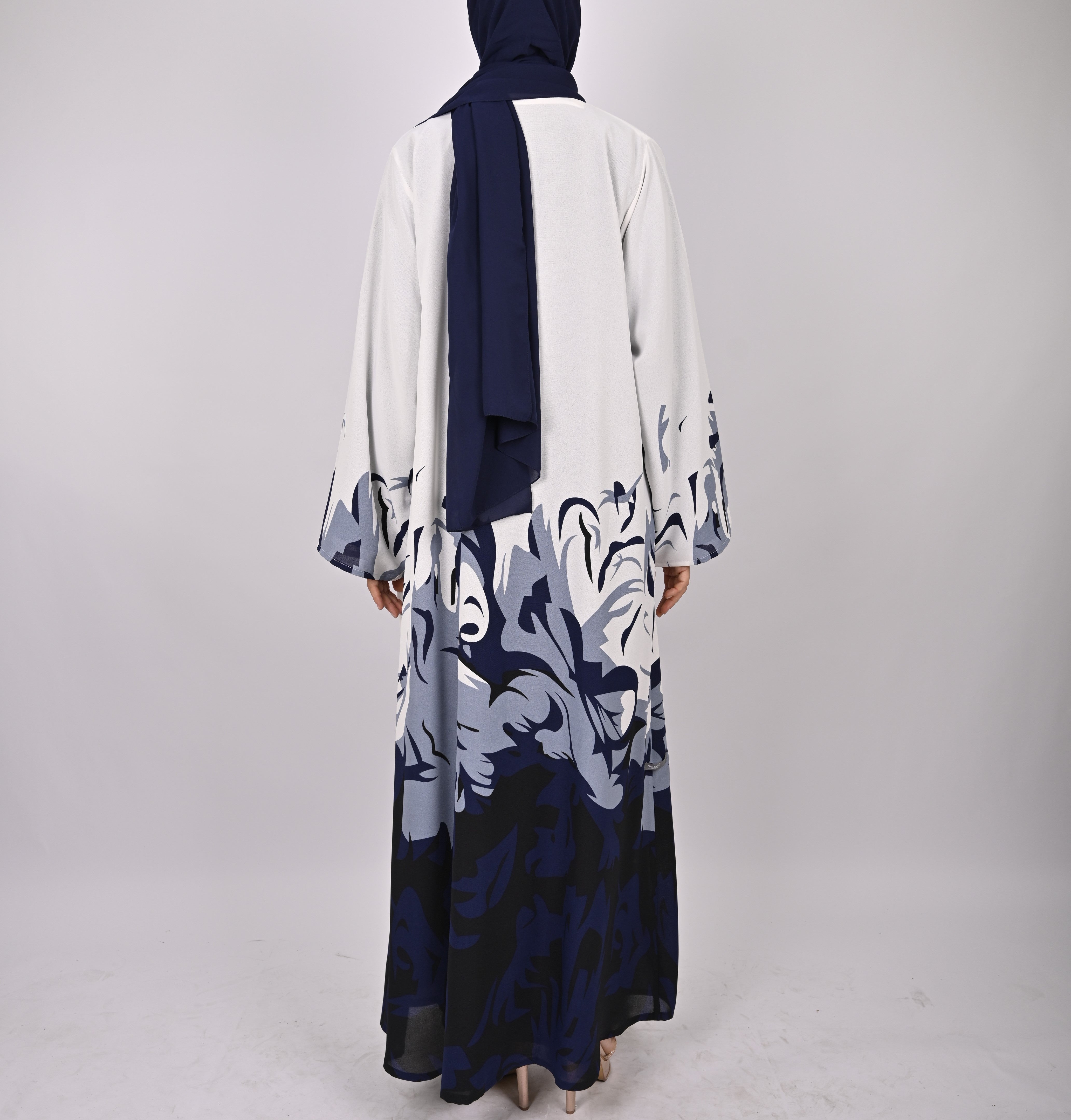 Blue/White Printed Floral Kimono Abaya Set
