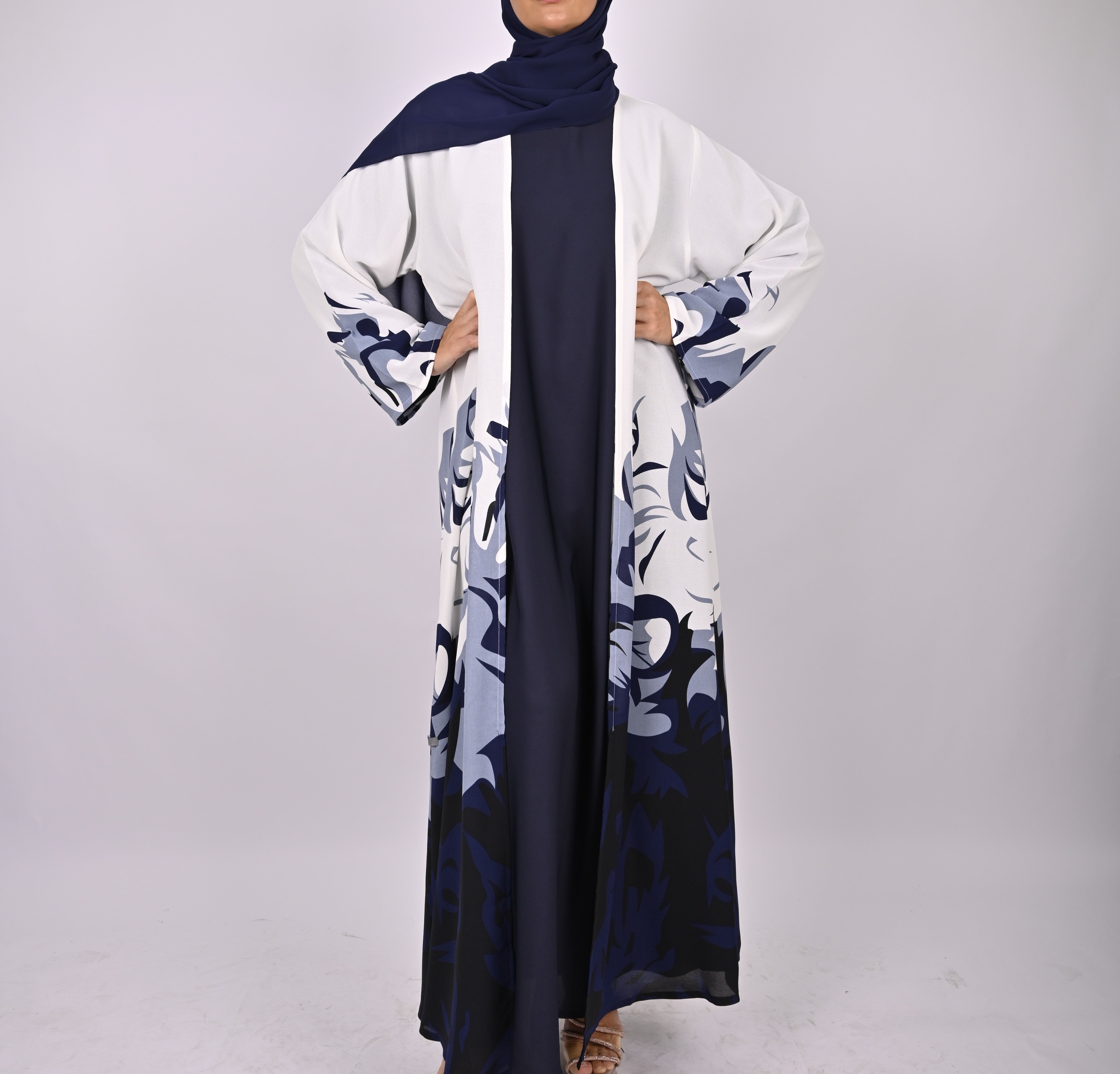 Blue/White Printed Floral Kimono Abaya Set