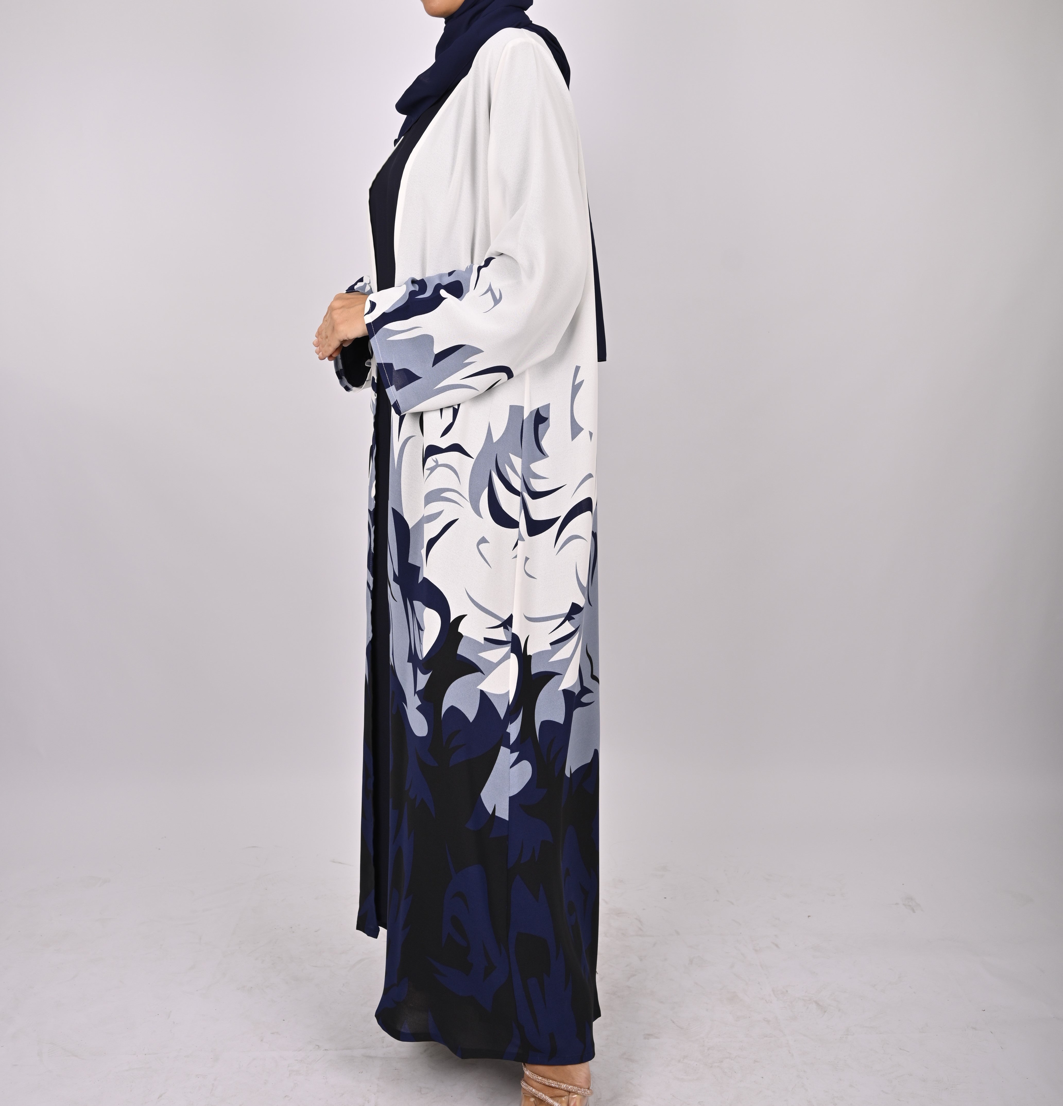 Blue/White Printed Floral Kimono Abaya Set