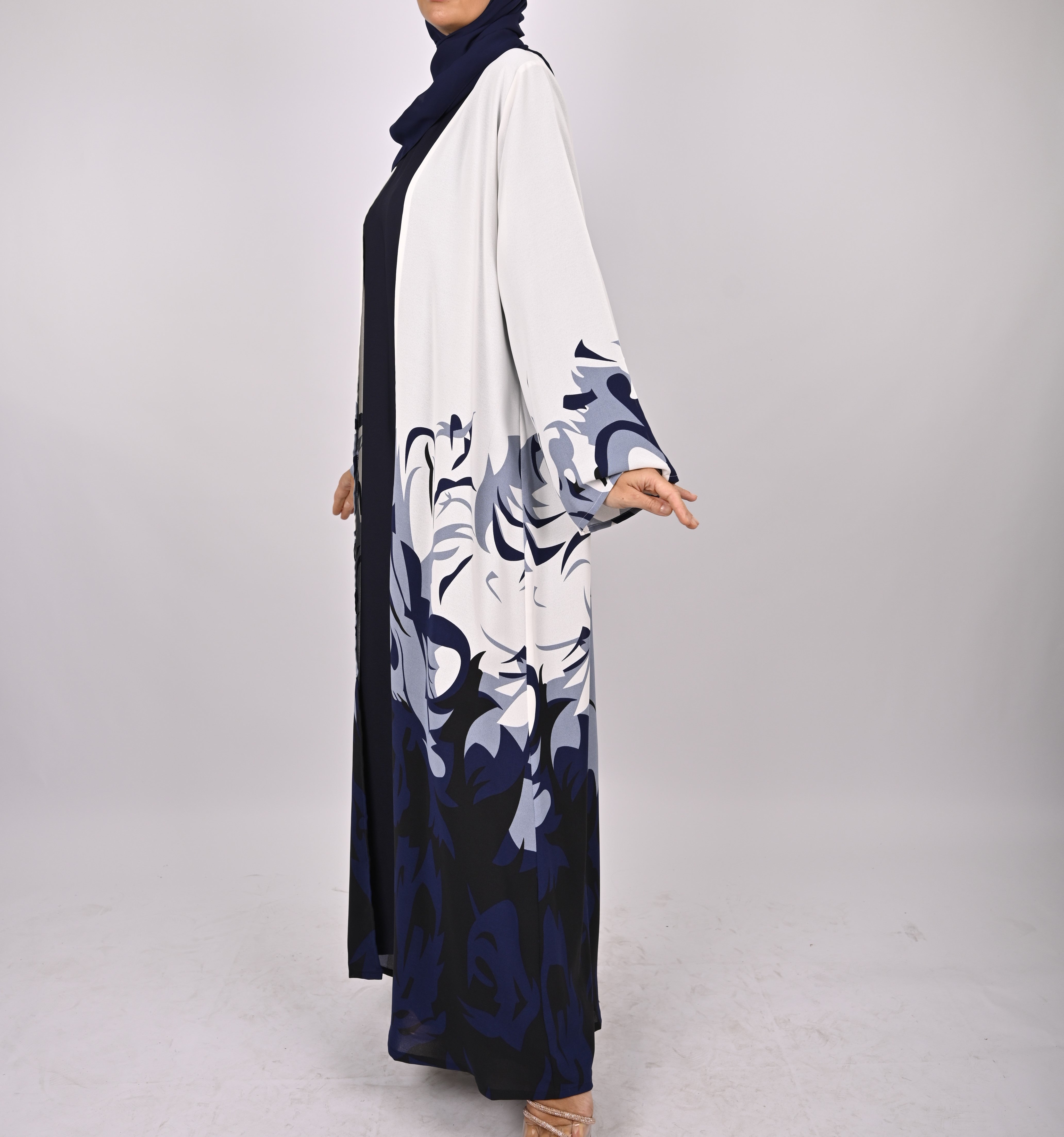 Blue/White Printed Floral Kimono Abaya Set