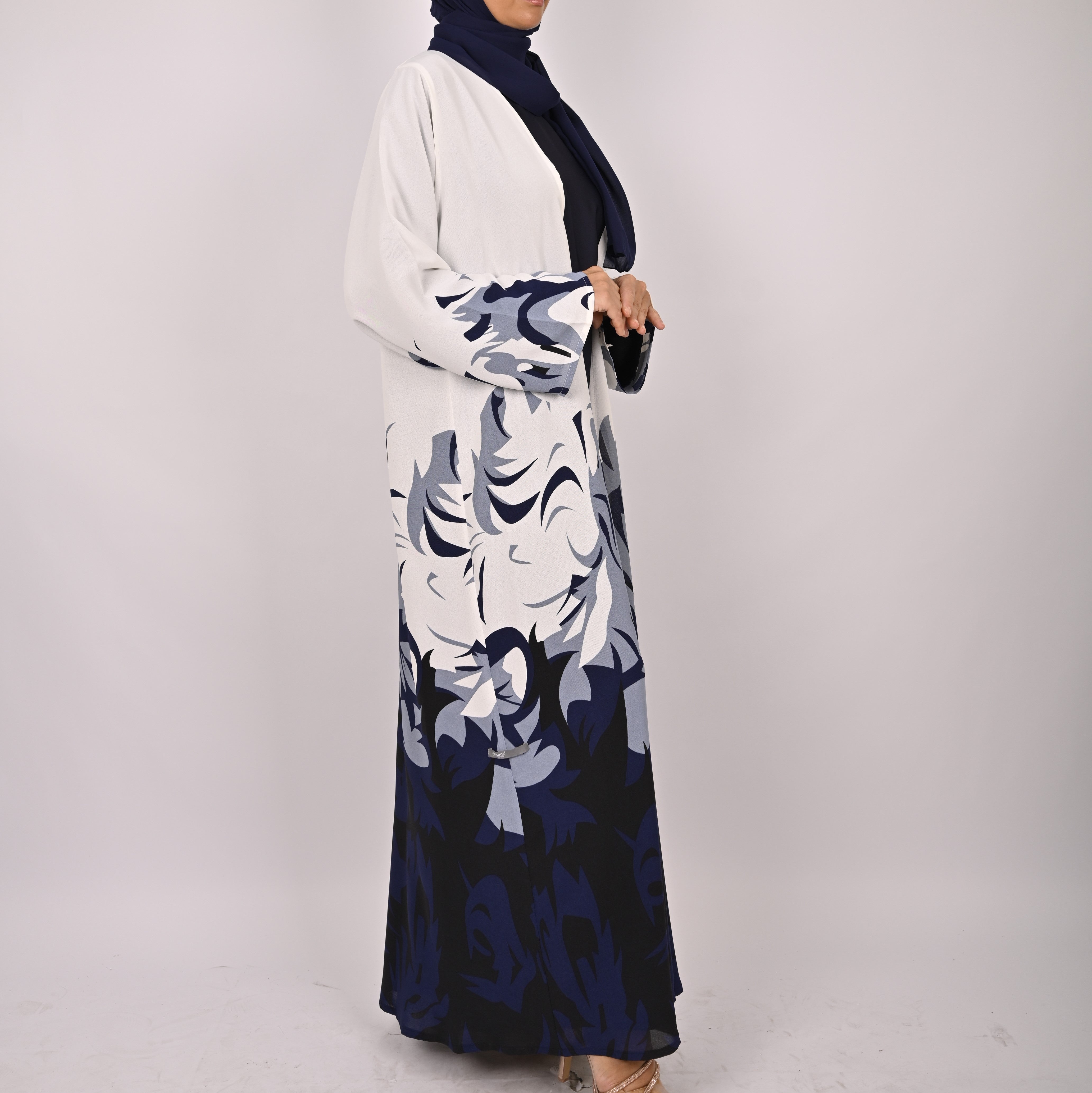 Blue/White Printed Floral Kimono Abaya Set