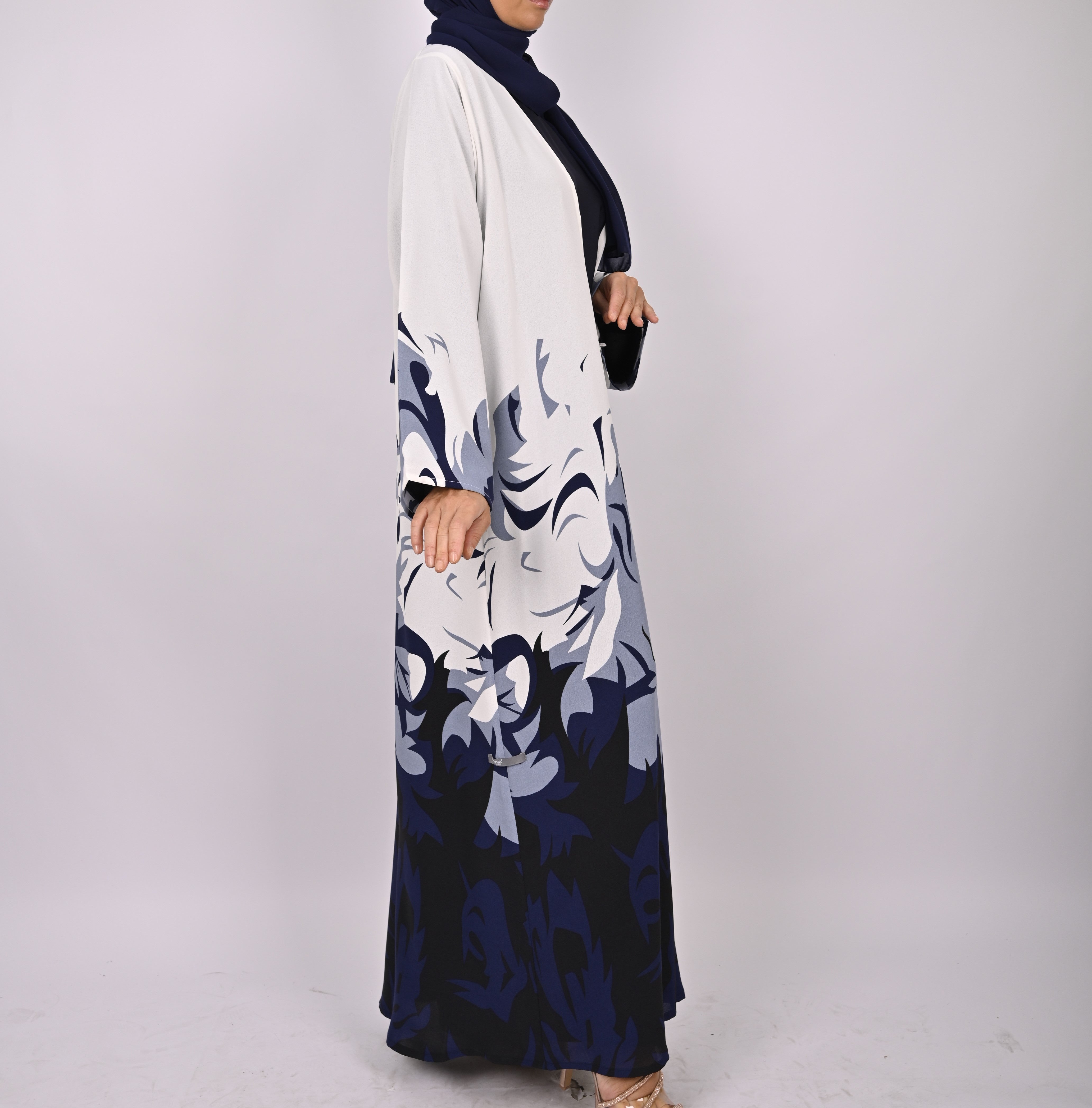 Blue/White Printed Floral Kimono Abaya Set