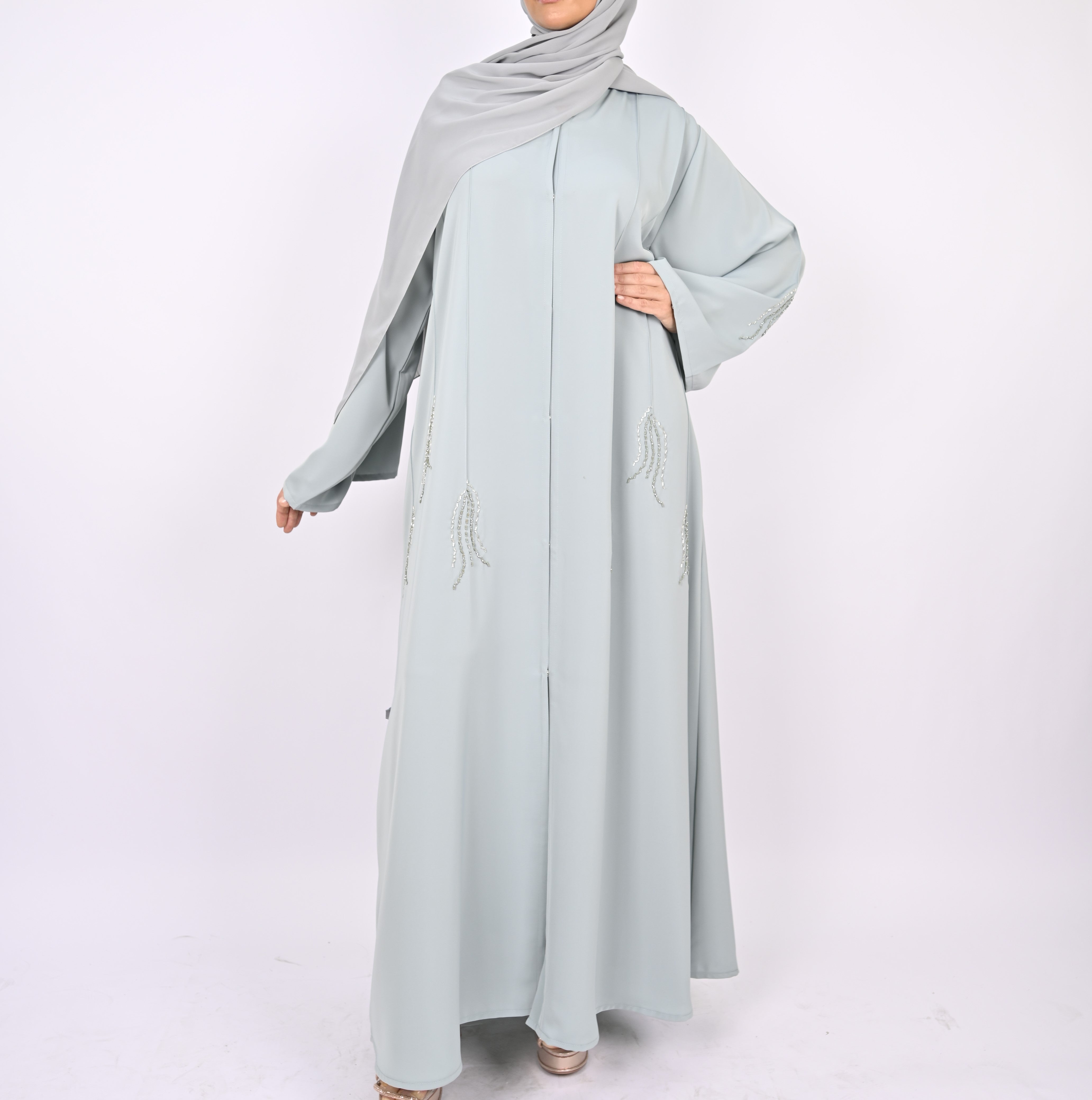 Frozen Ice Pintucks and Floral Hand Embellished Abaya