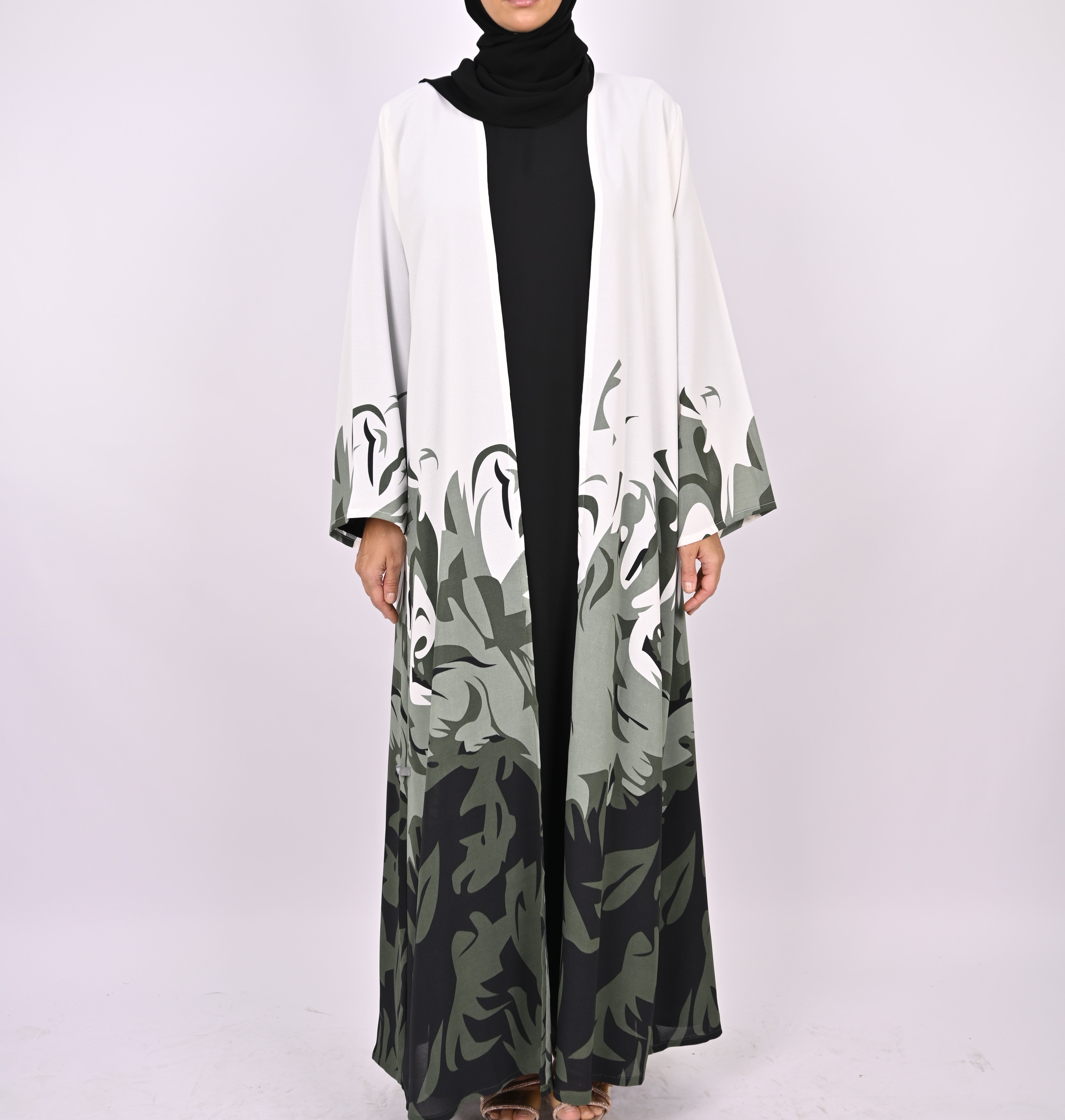 Green/White Printed Floral Kimono Abaya Set