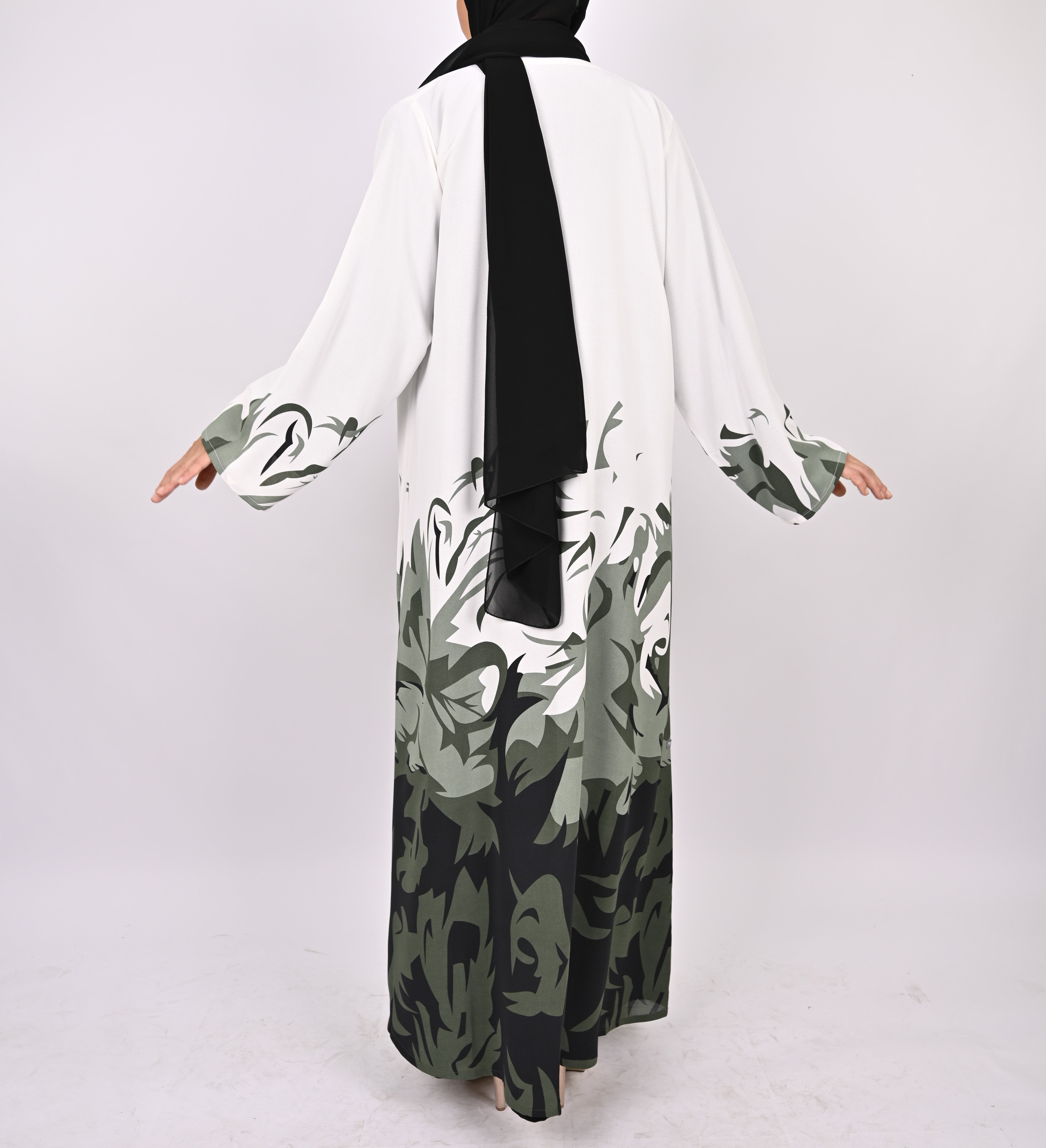 Green/White Printed Floral Kimono Abaya Set