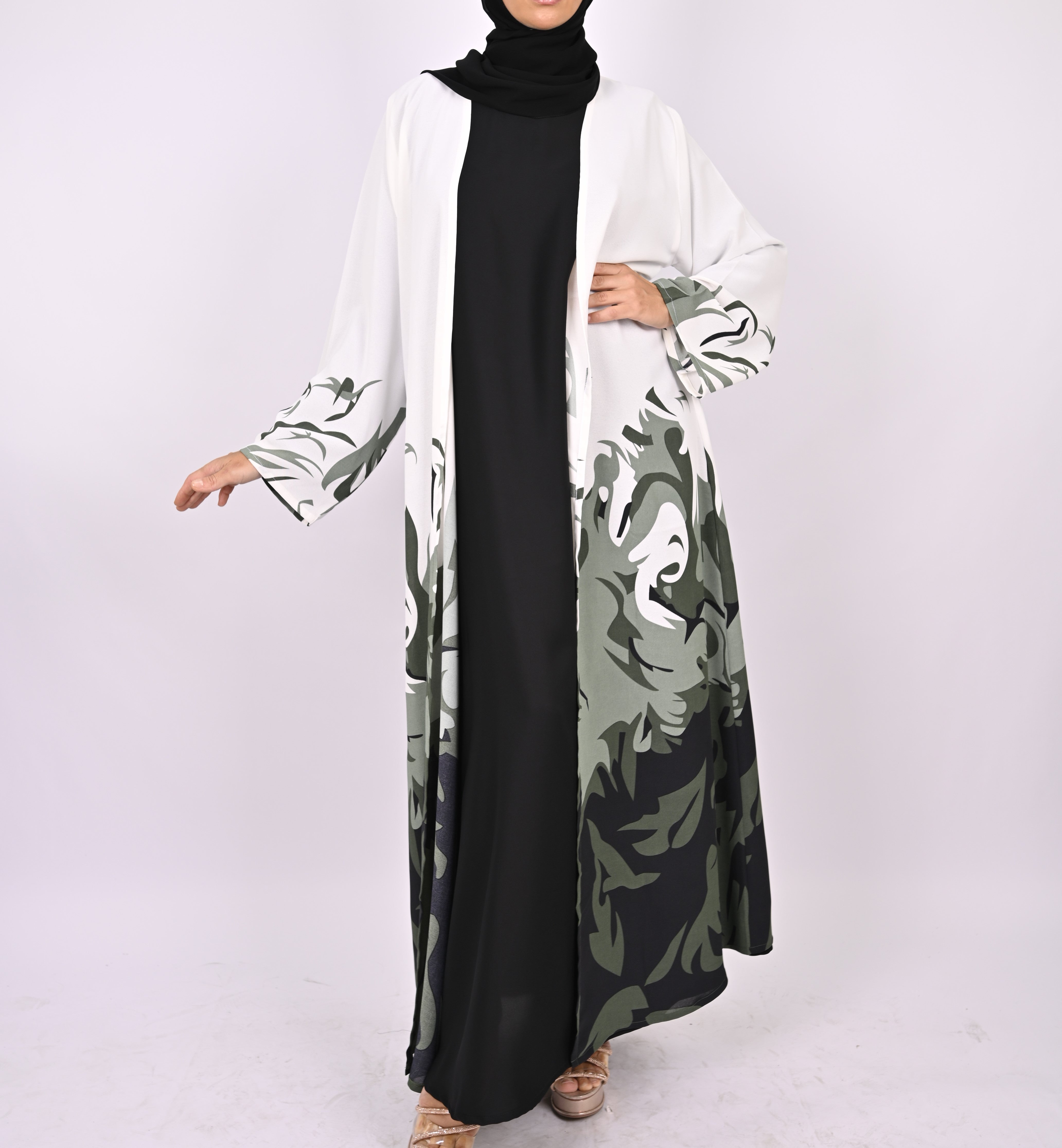Green/White Printed Floral Kimono Abaya Set