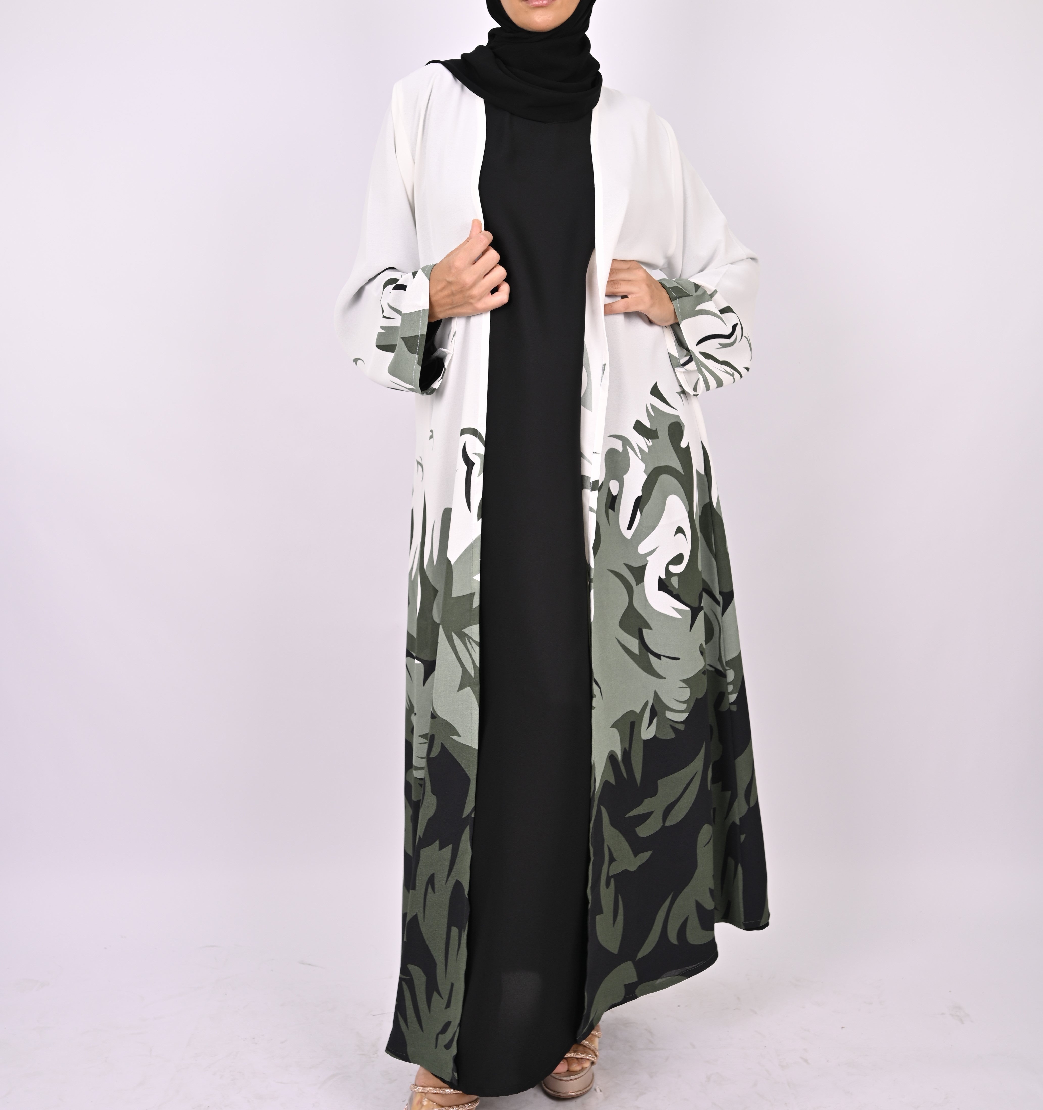 Green/White Printed Floral Kimono Abaya Set