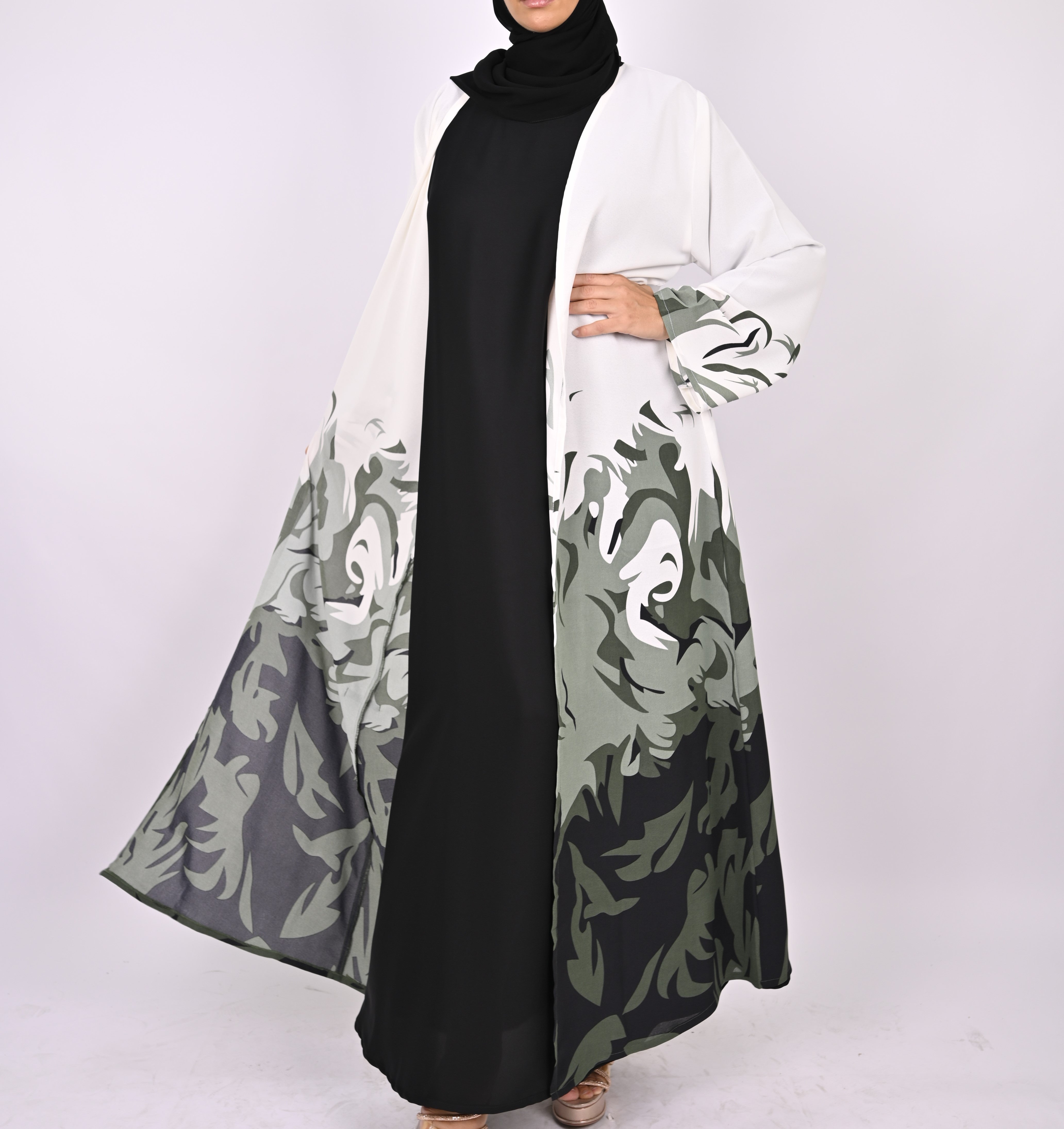 Green/White Printed Floral Kimono Abaya Set