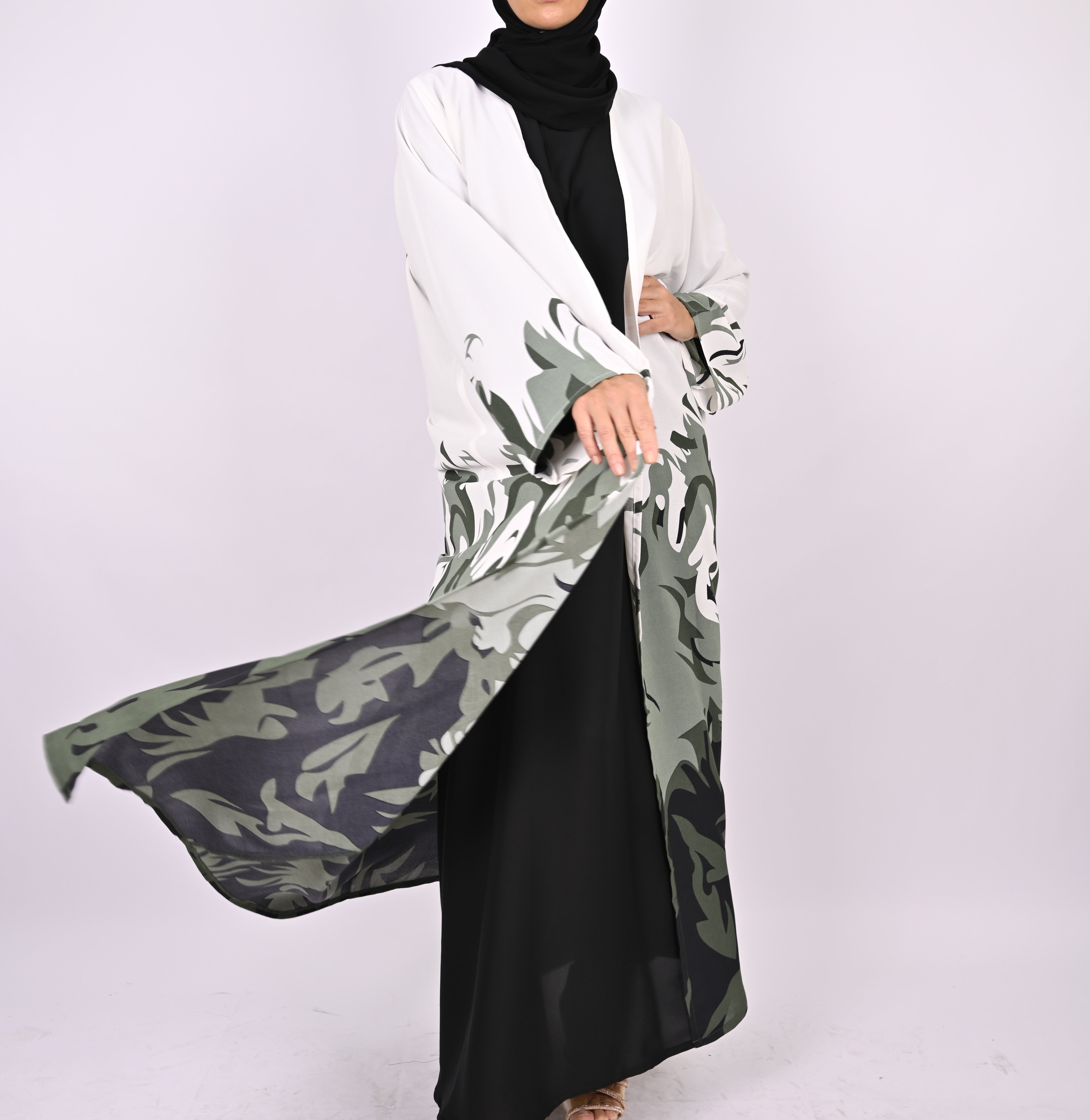 Green/White Printed Floral Kimono Abaya Set
