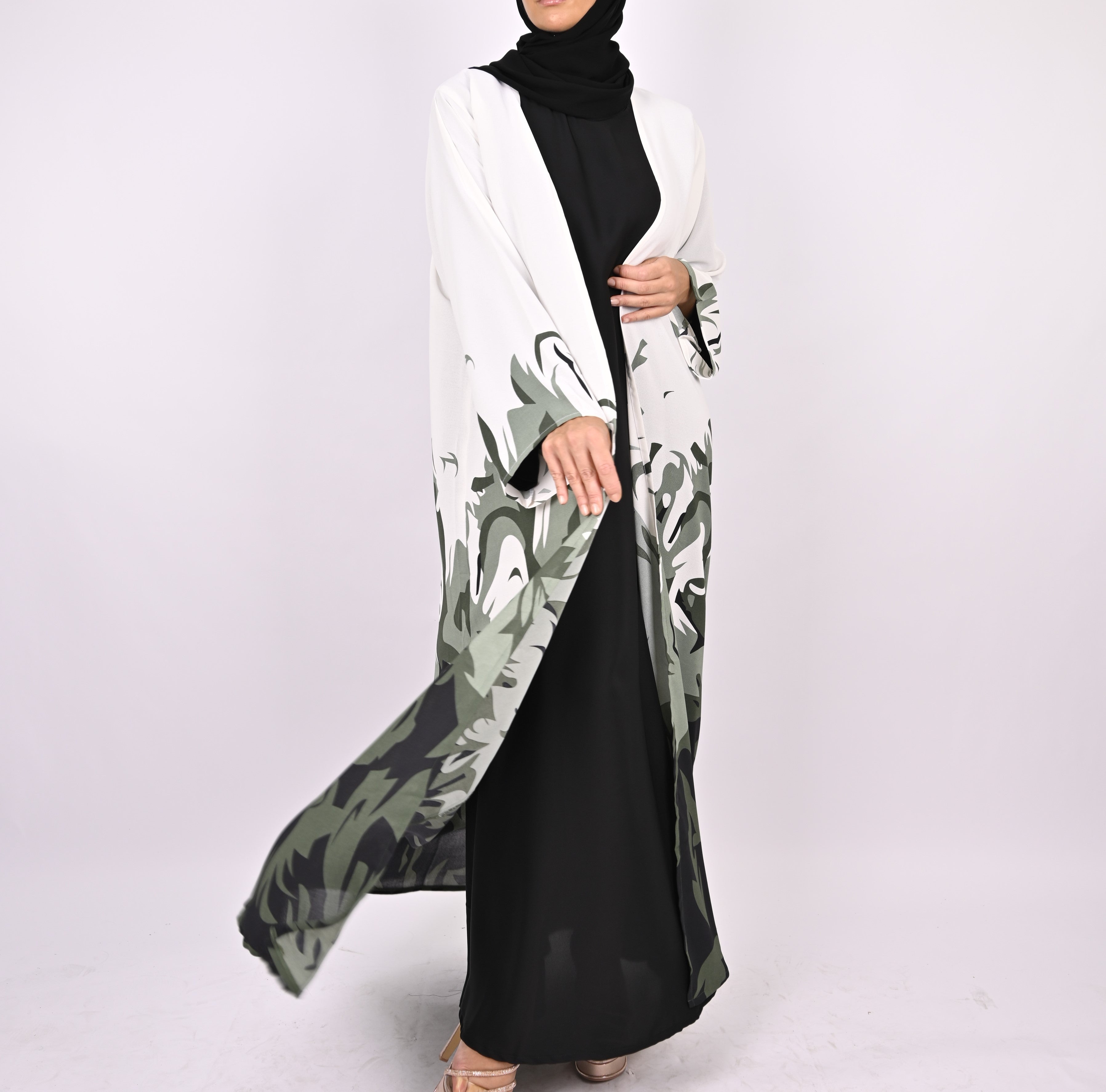 Green/White Printed Floral Kimono Abaya Set