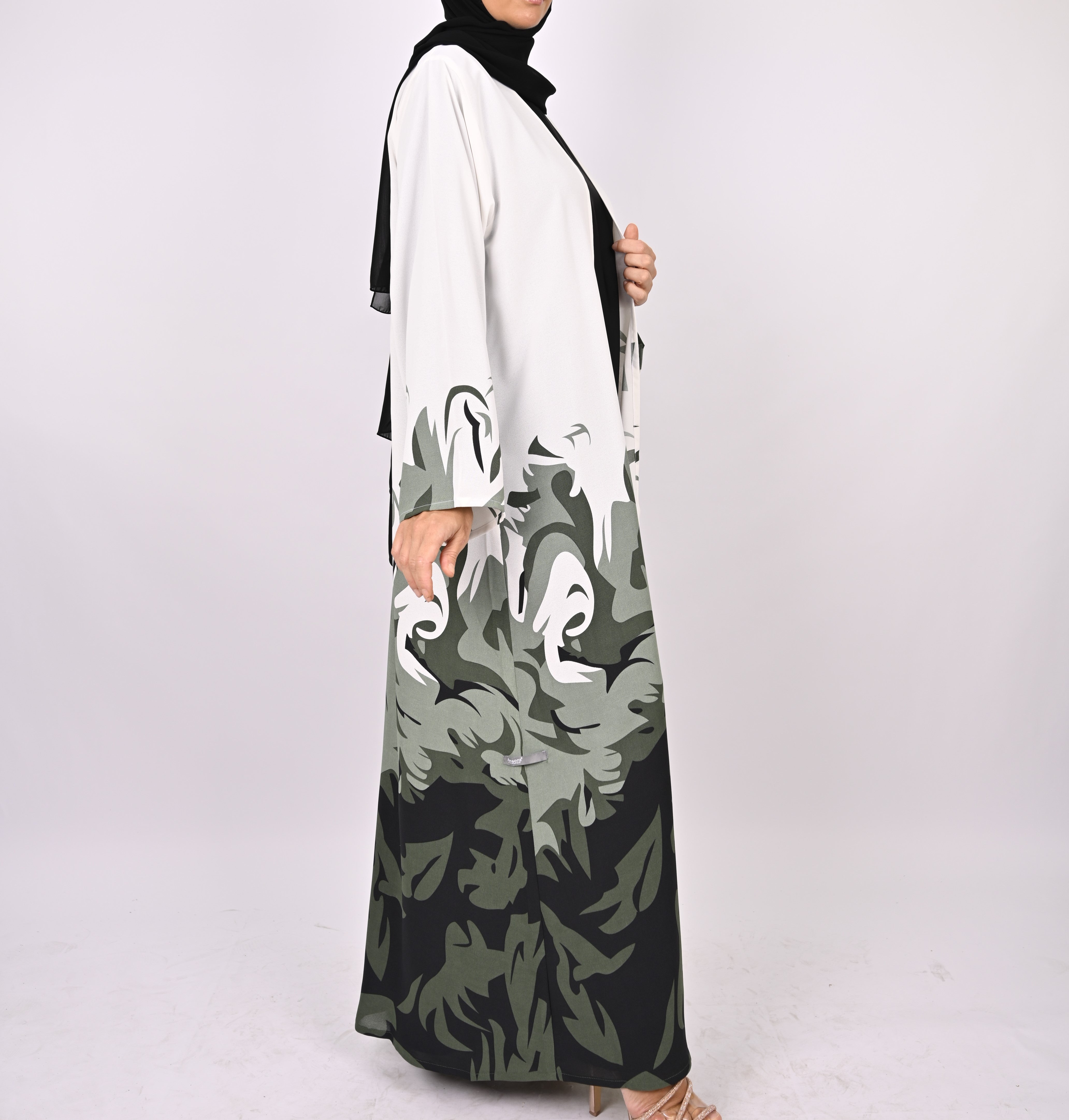 Green/White Printed Floral Kimono Abaya Set