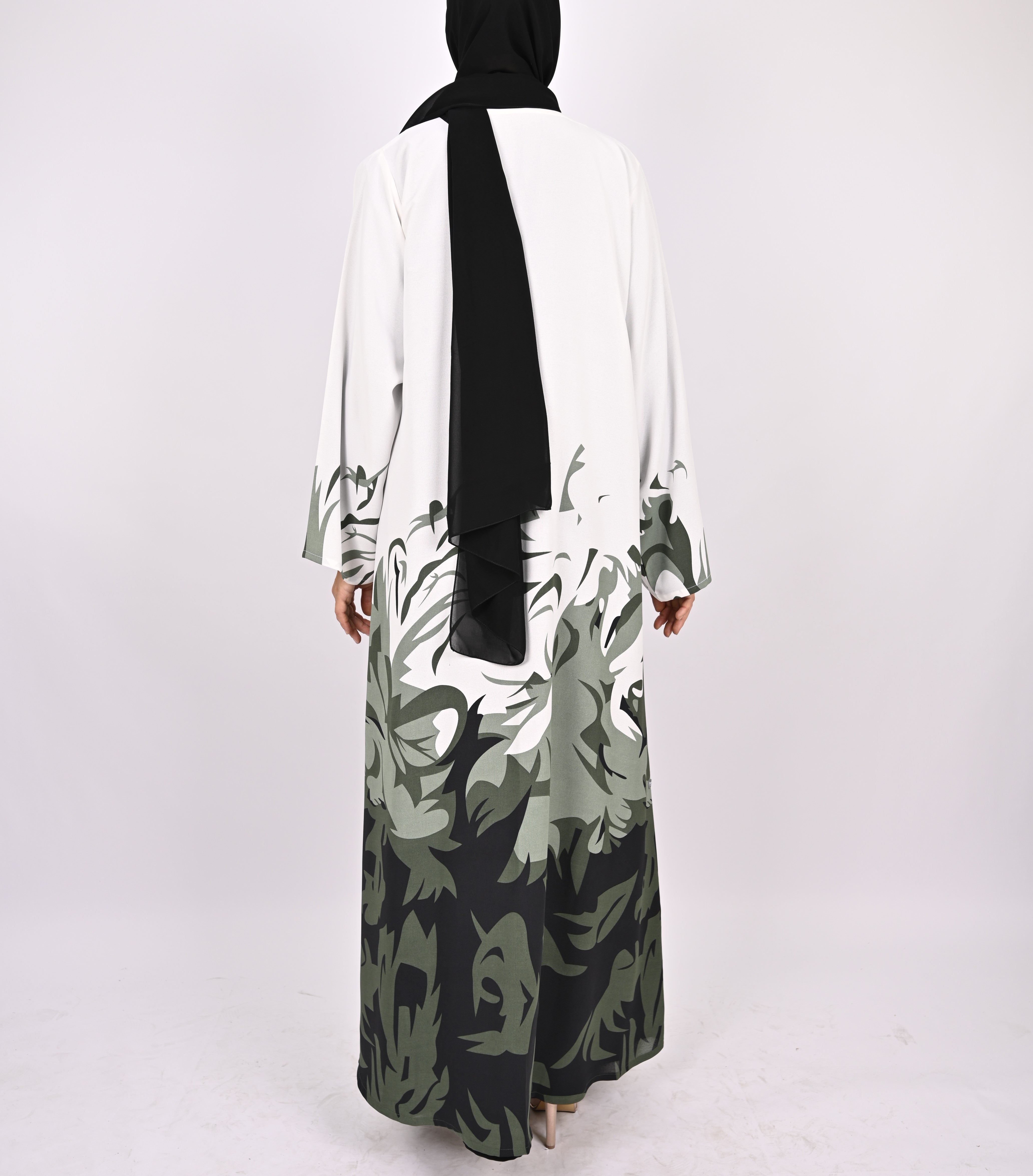 Green/White Printed Floral Kimono Abaya Set