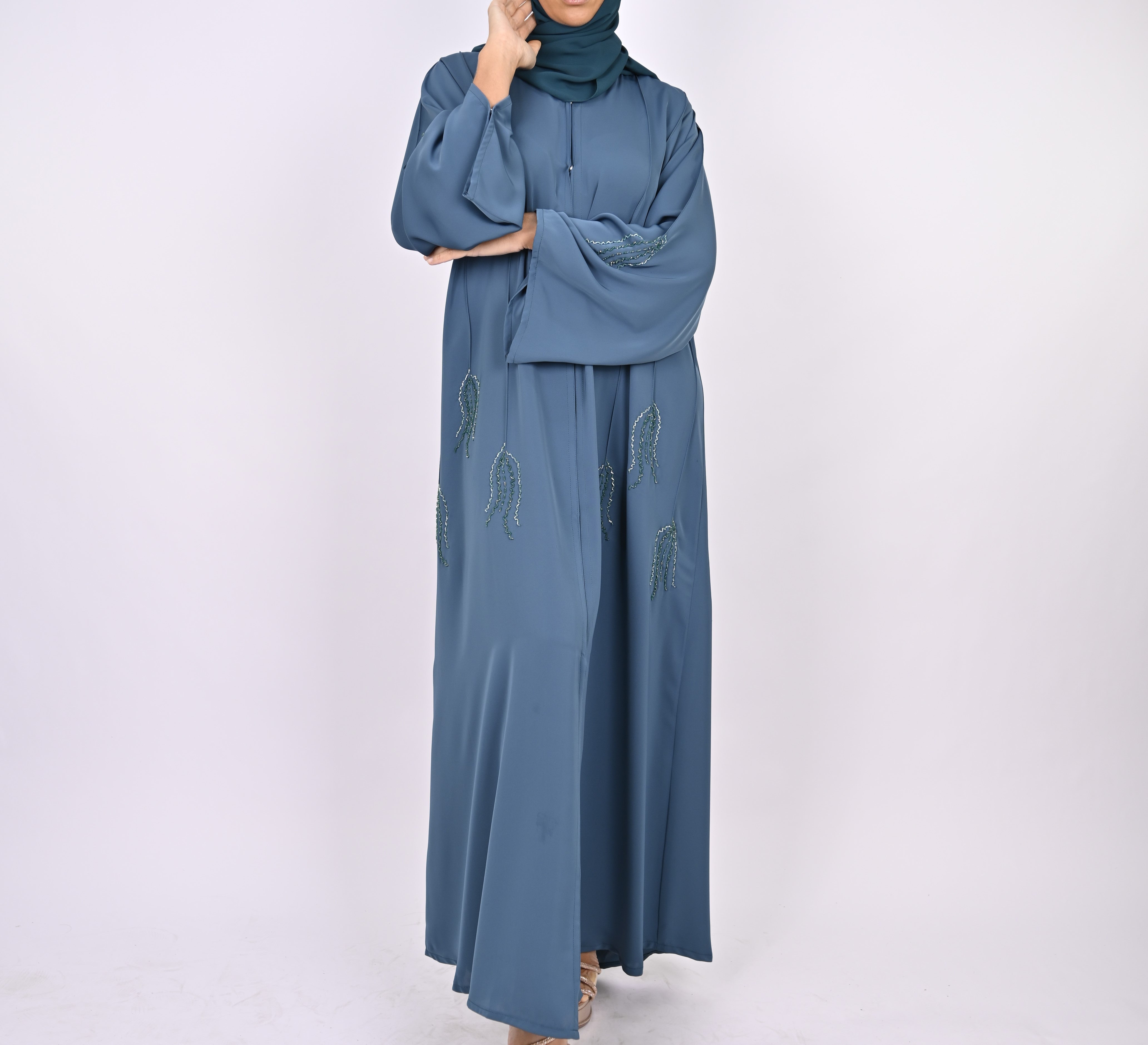 Indigo Blue Pintucks Floral Hand Embellished Abaya