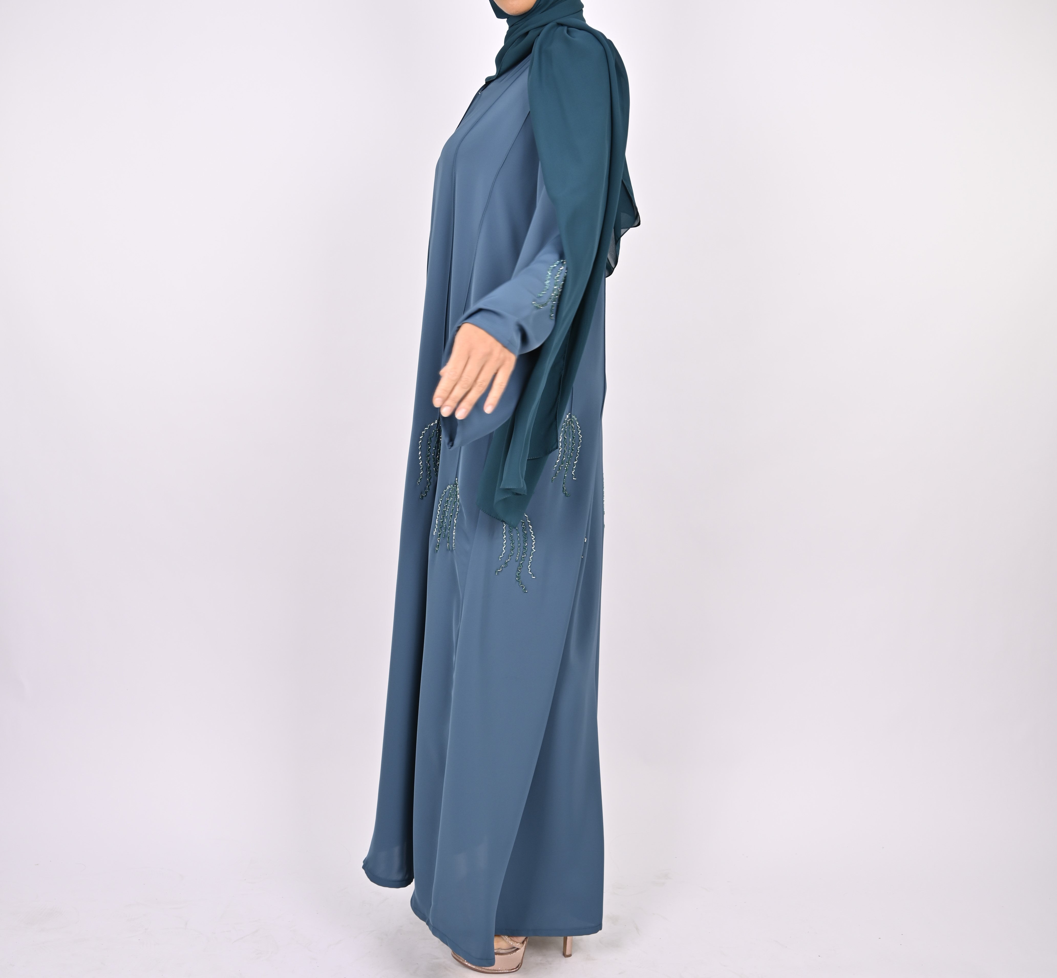 Indigo Blue Pintucks Floral Hand Embellished Abaya