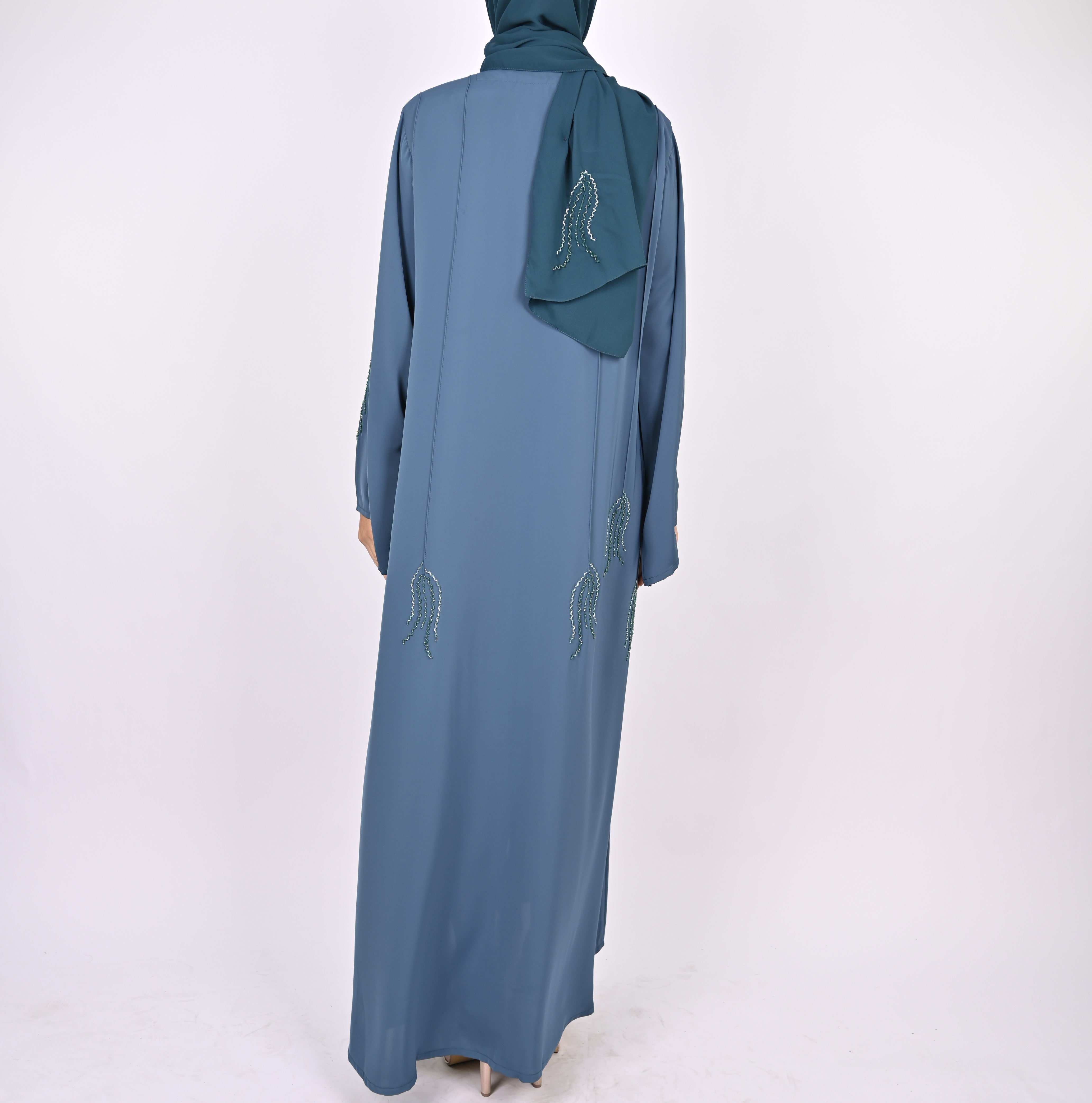 Indigo Blue Pintucks Floral Hand Embellished Abaya