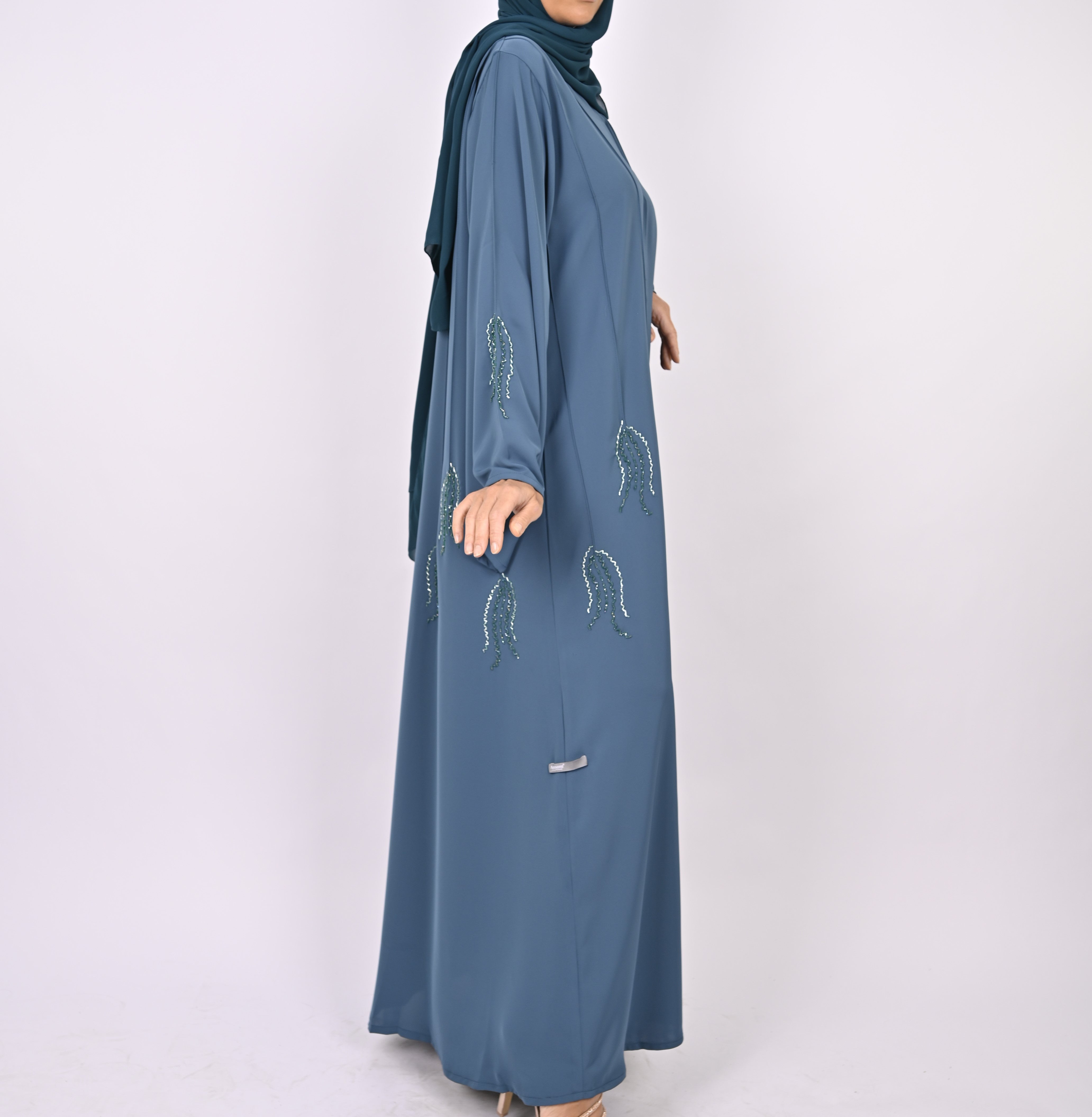 Indigo Blue Pintucks Floral Hand Embellished Abaya