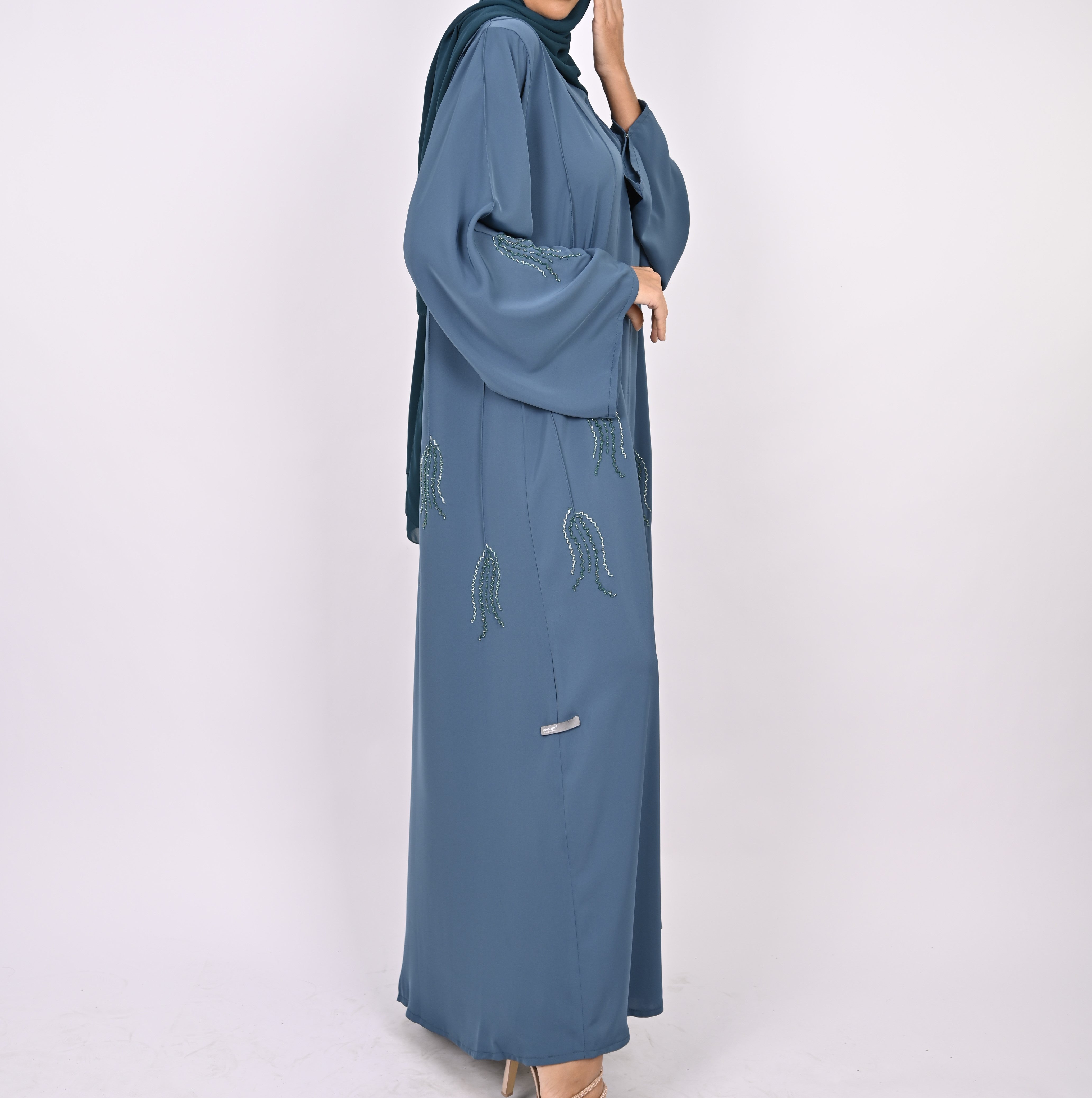 Indigo Blue Pintucks Floral Hand Embellished Abaya