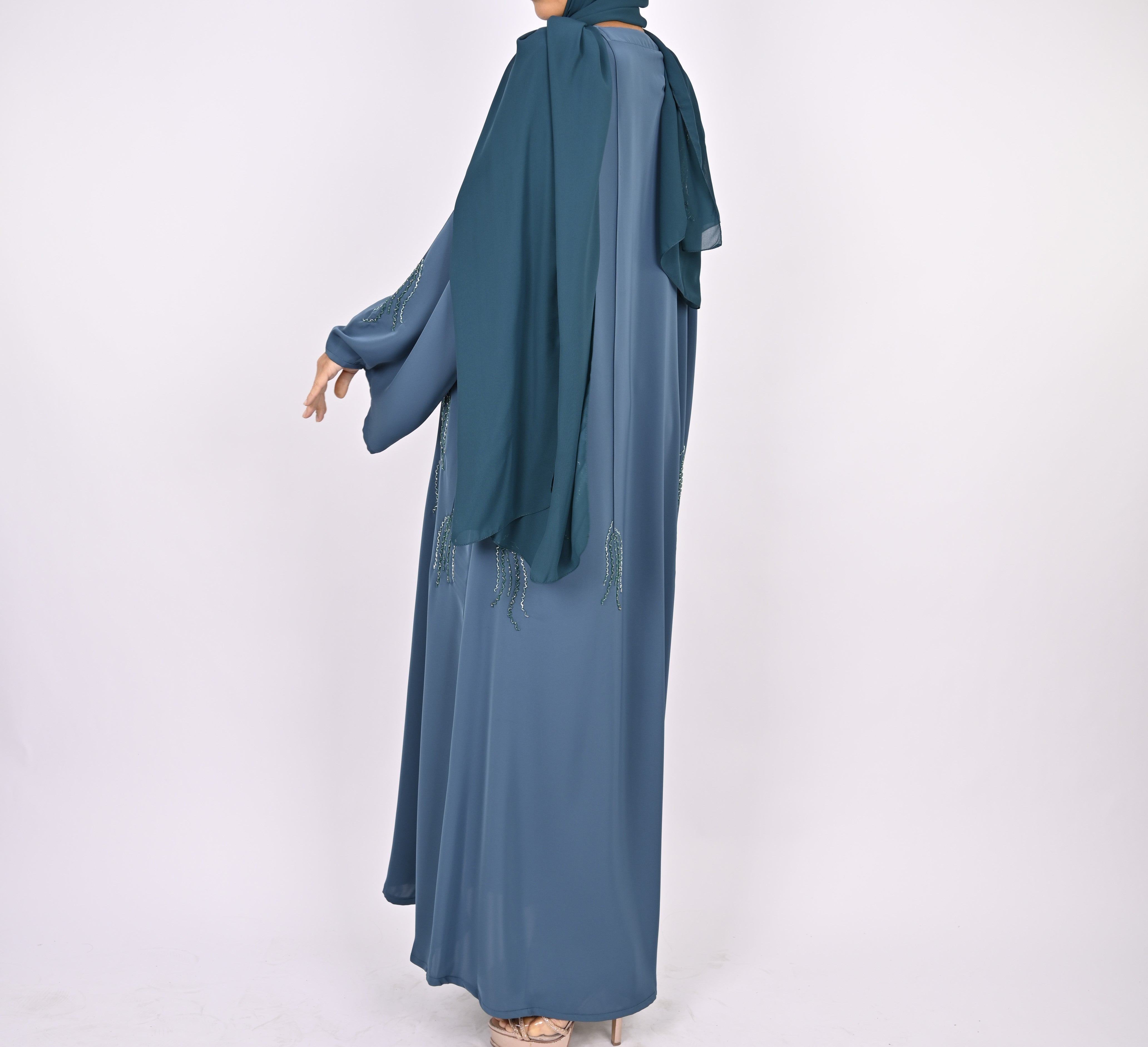 Indigo Blue Pintucks Floral Hand Embellished Abaya
