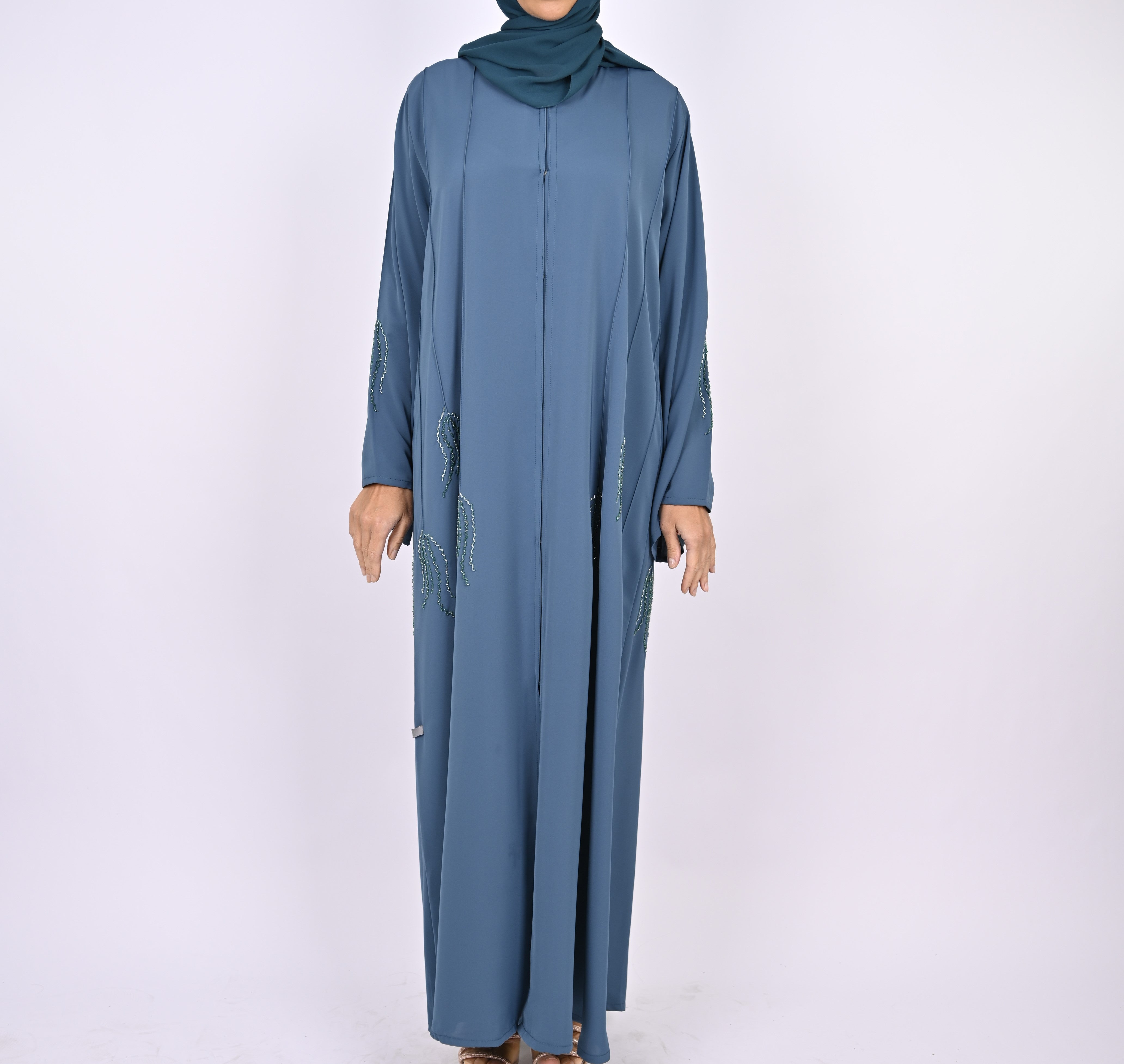 Indigo Blue Pintucks Floral Hand Embellished Abaya