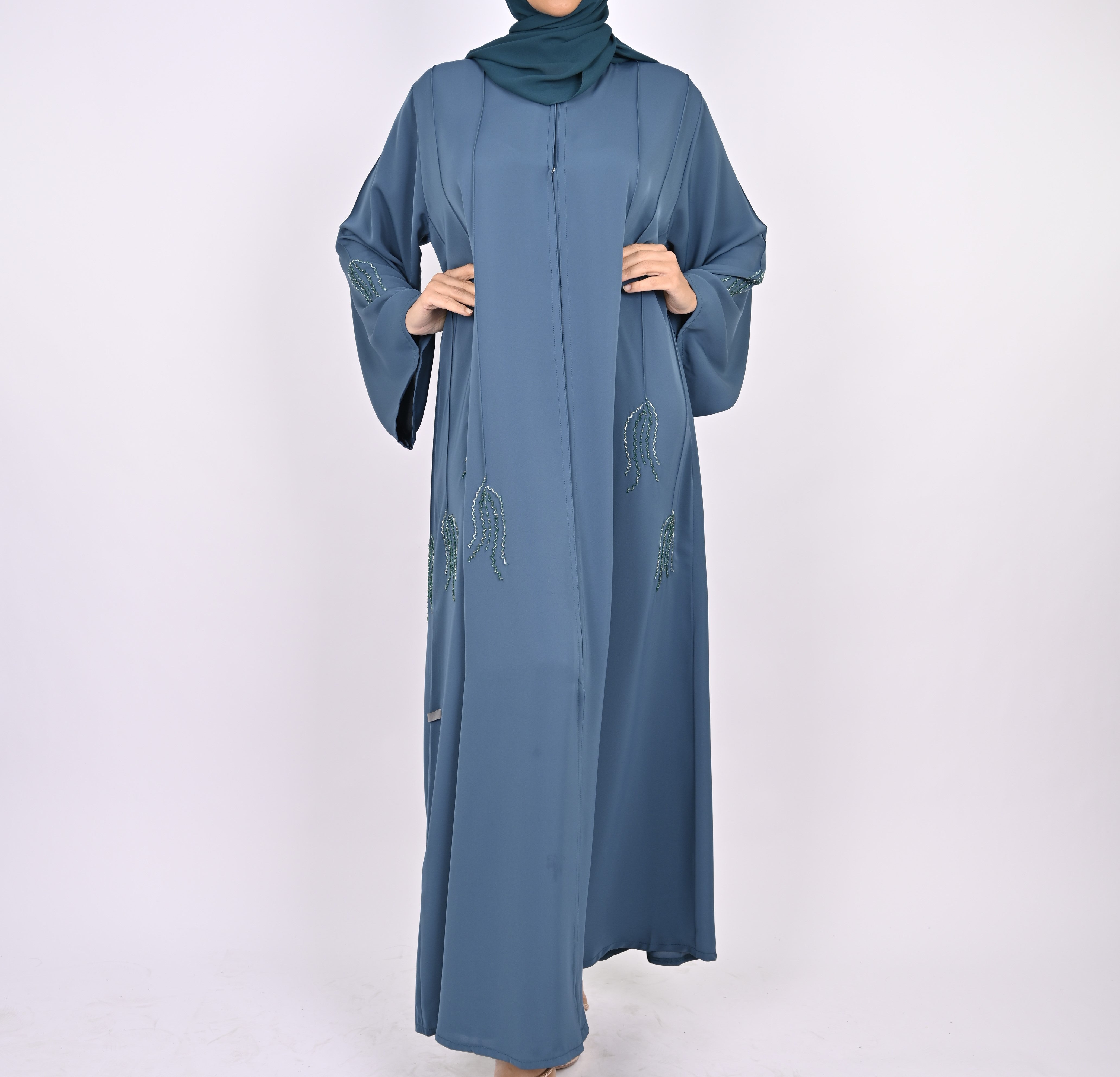 Indigo Blue Pintucks Floral Hand Embellished Abaya