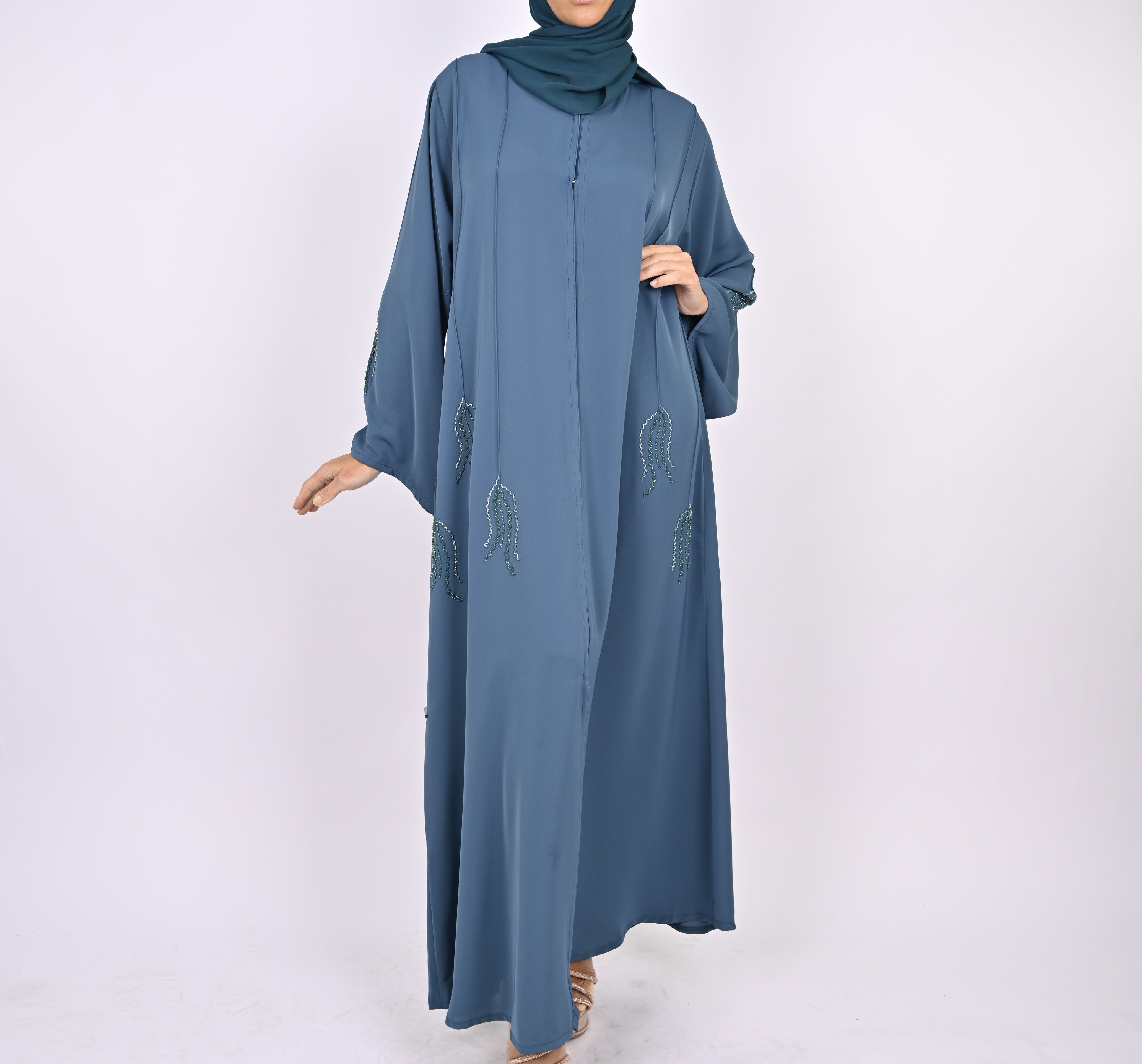 Indigo Blue Pintucks Floral Hand Embellished Abaya