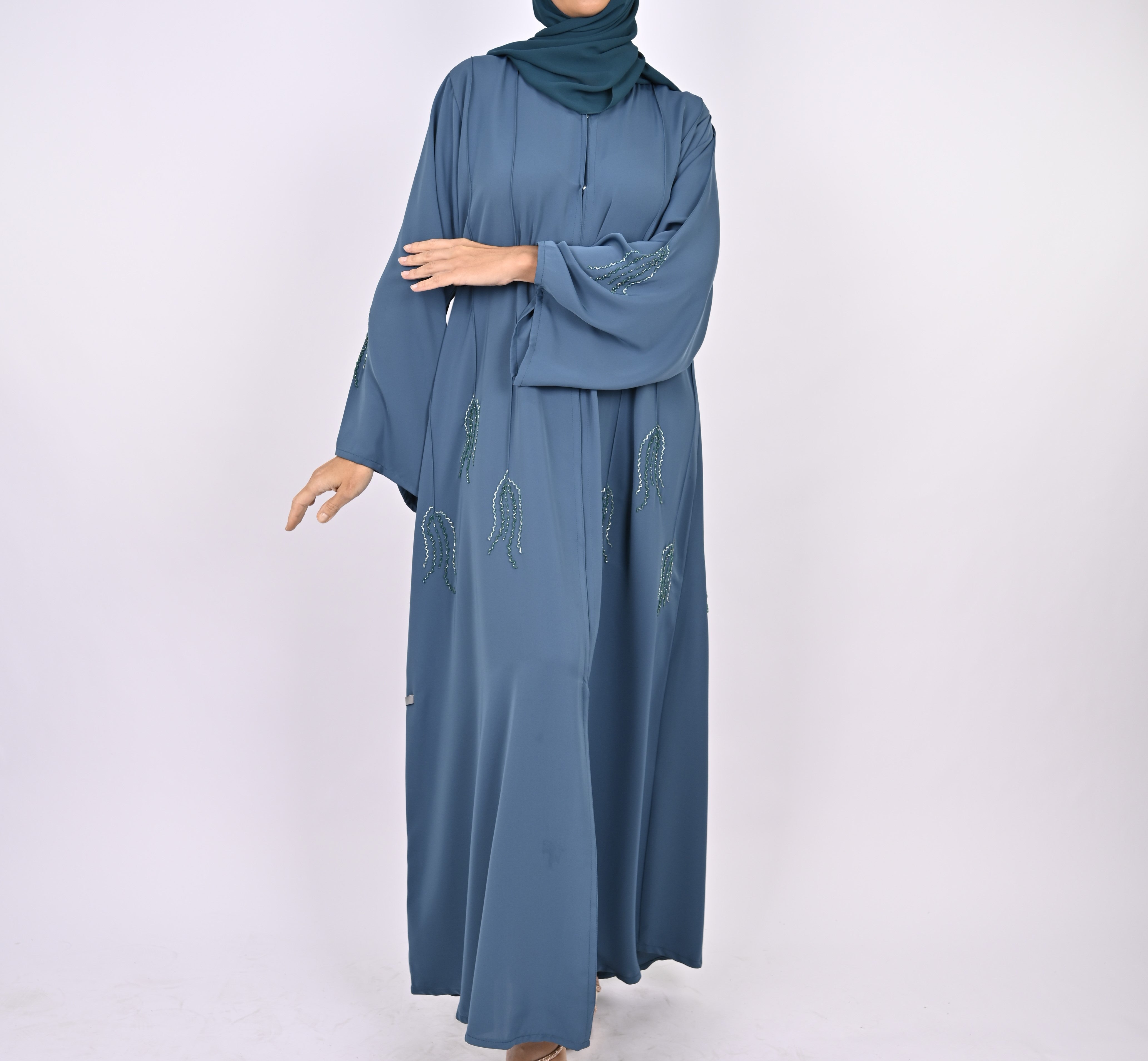 Indigo Blue Pintucks Floral Hand Embellished Abaya