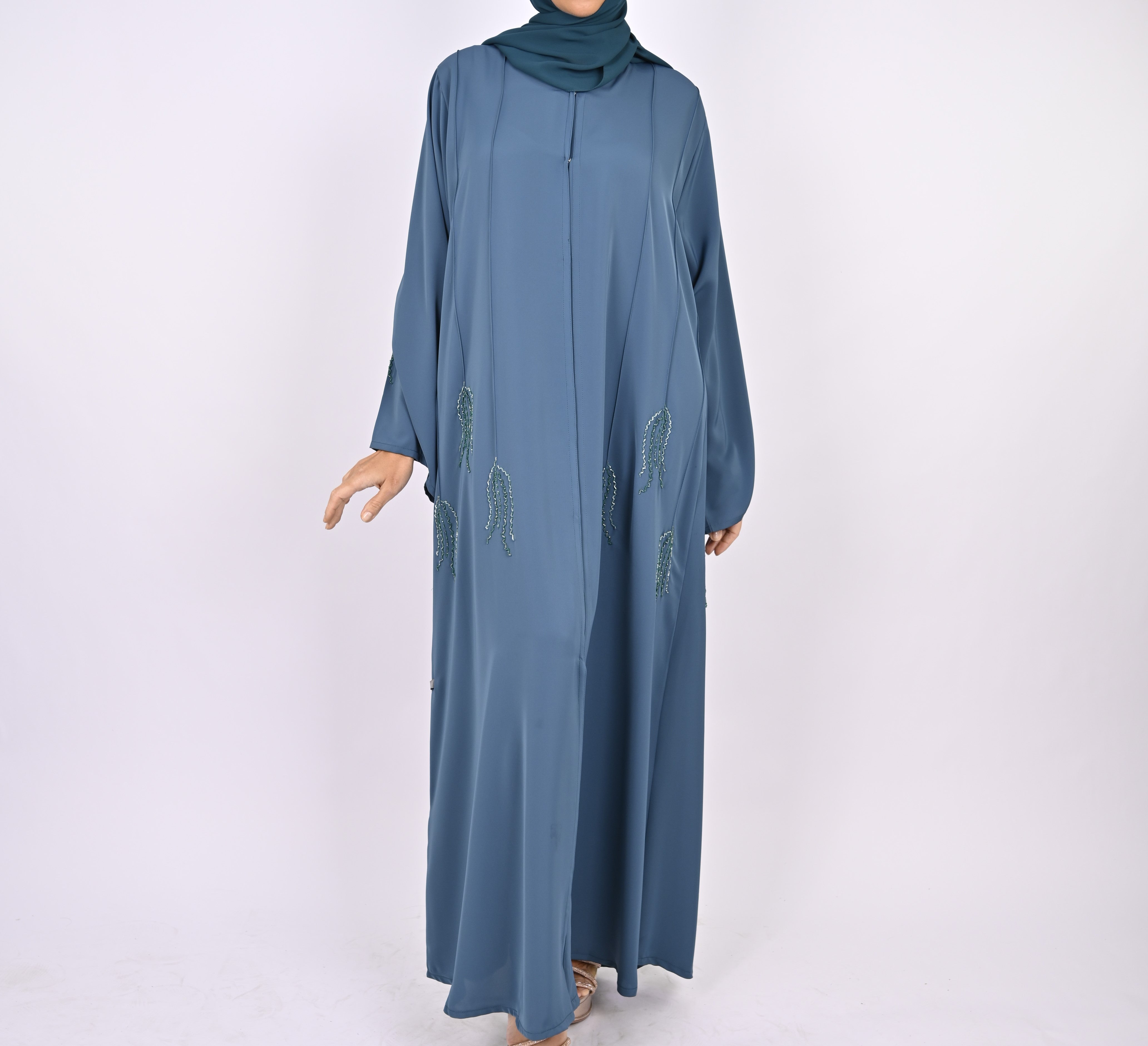 Indigo Blue Pintucks Floral Hand Embellished Abaya