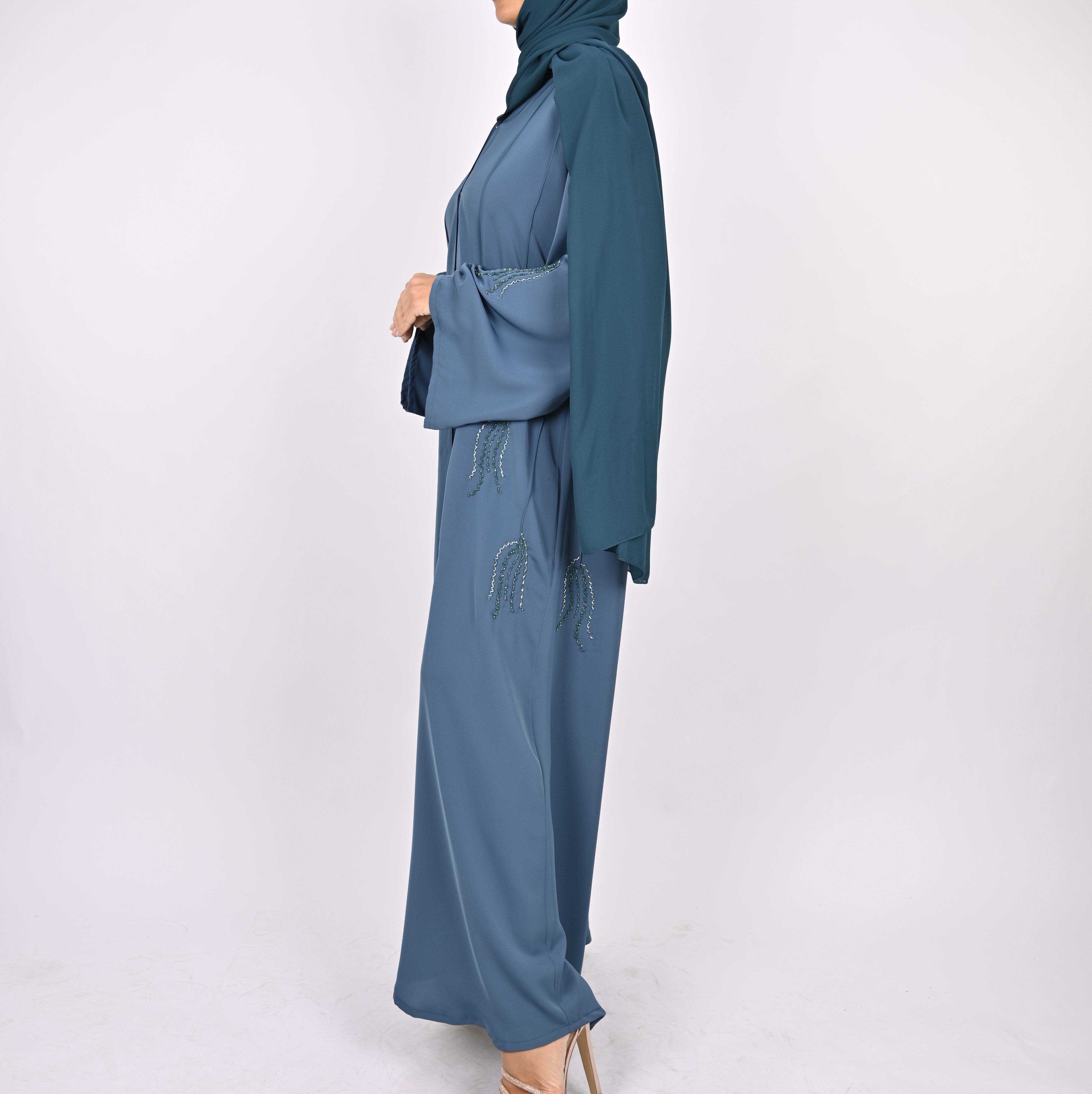 Indigo Blue Pintucks Floral Hand Embellished Abaya