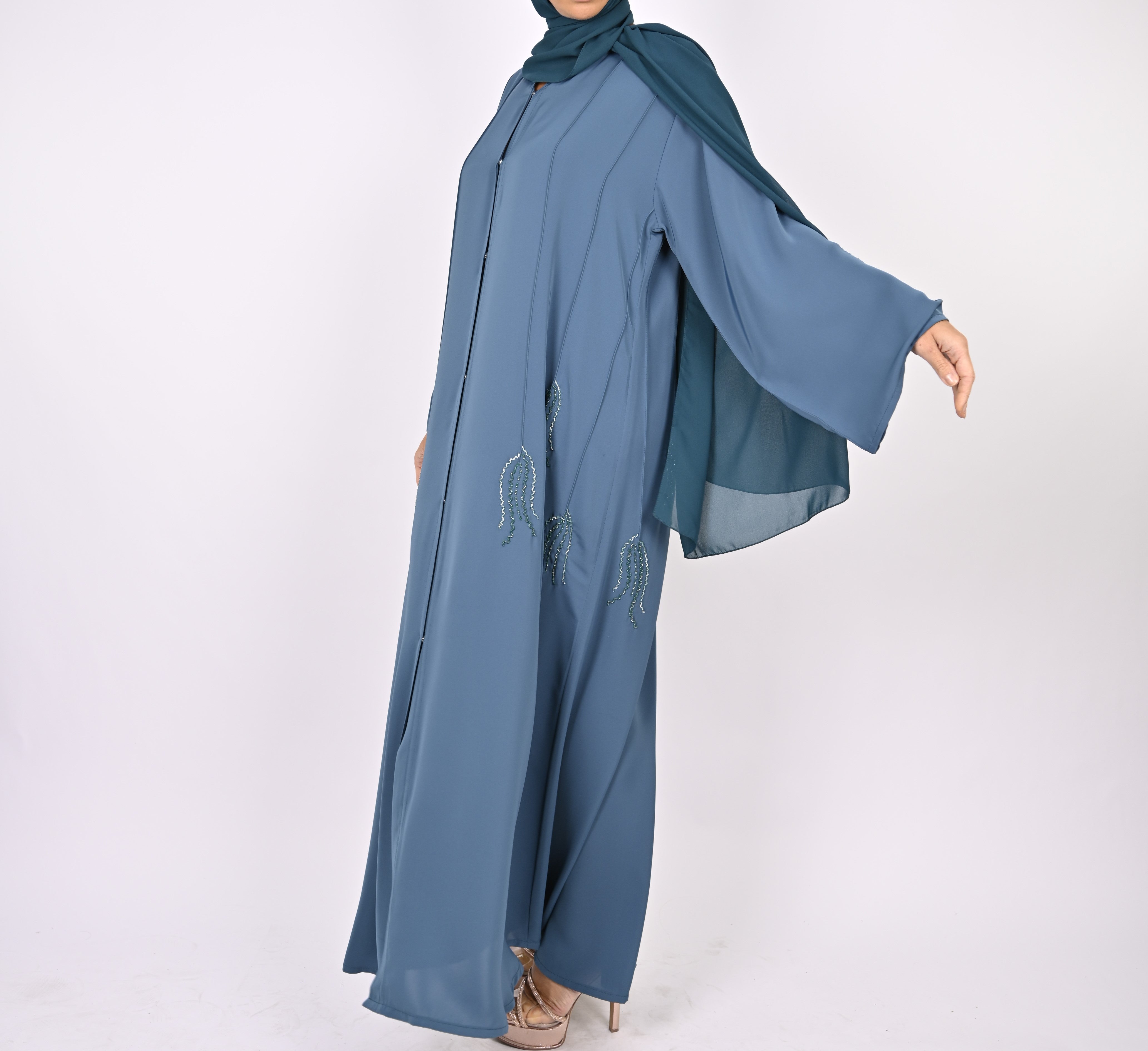 Indigo Blue Pintucks Floral Hand Embellished Abaya