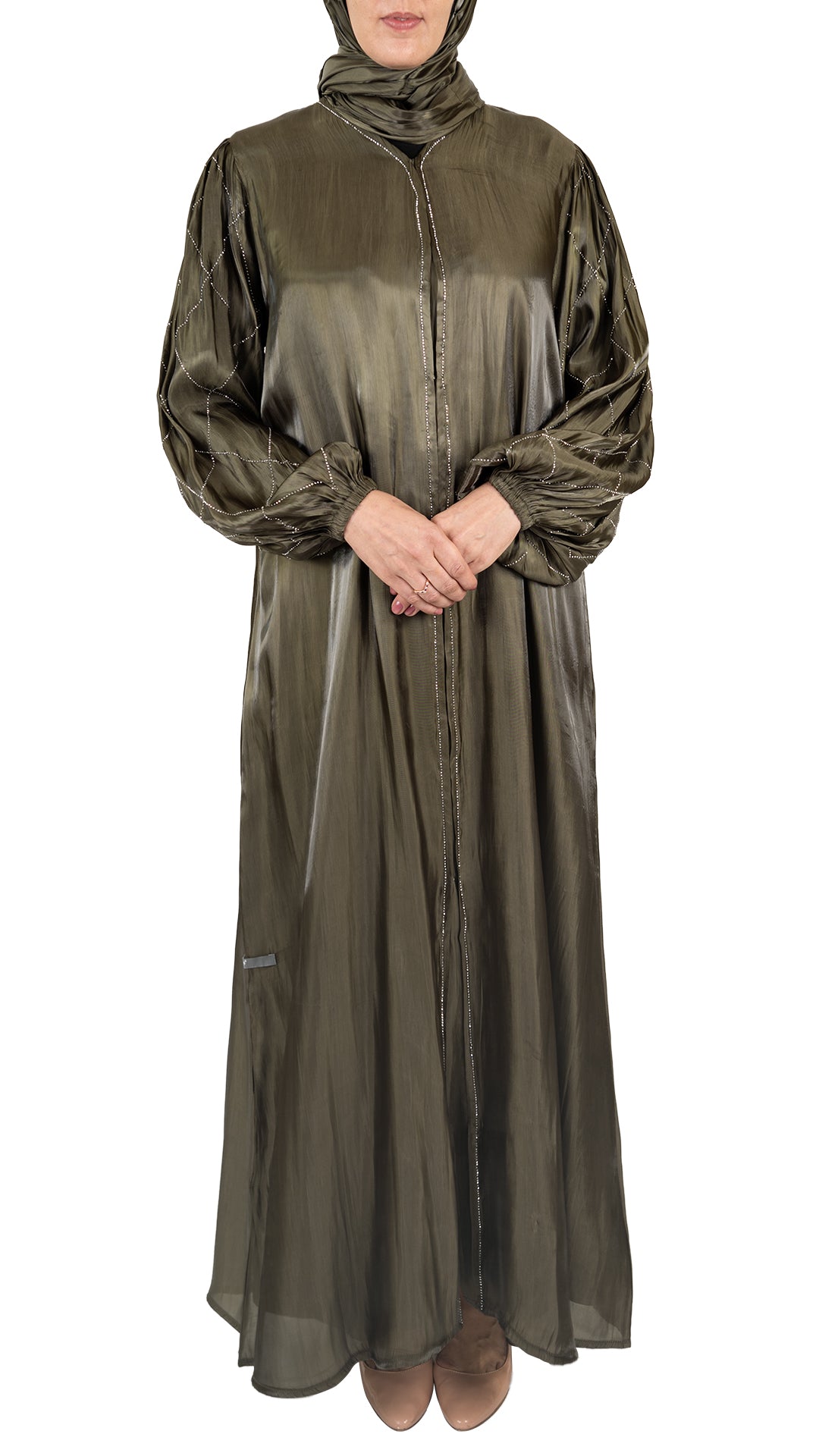 Khaki Embellished Organza Abaya
