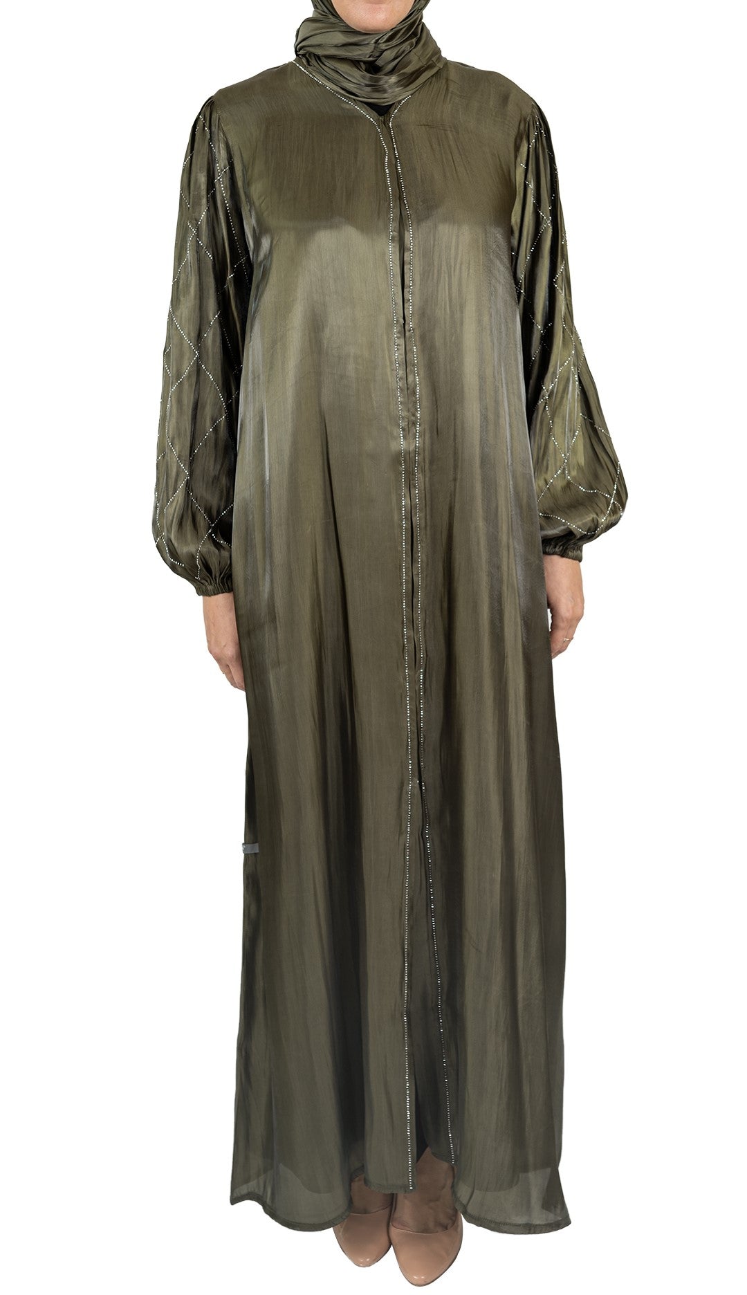 Khaki Embellished Organza Abaya