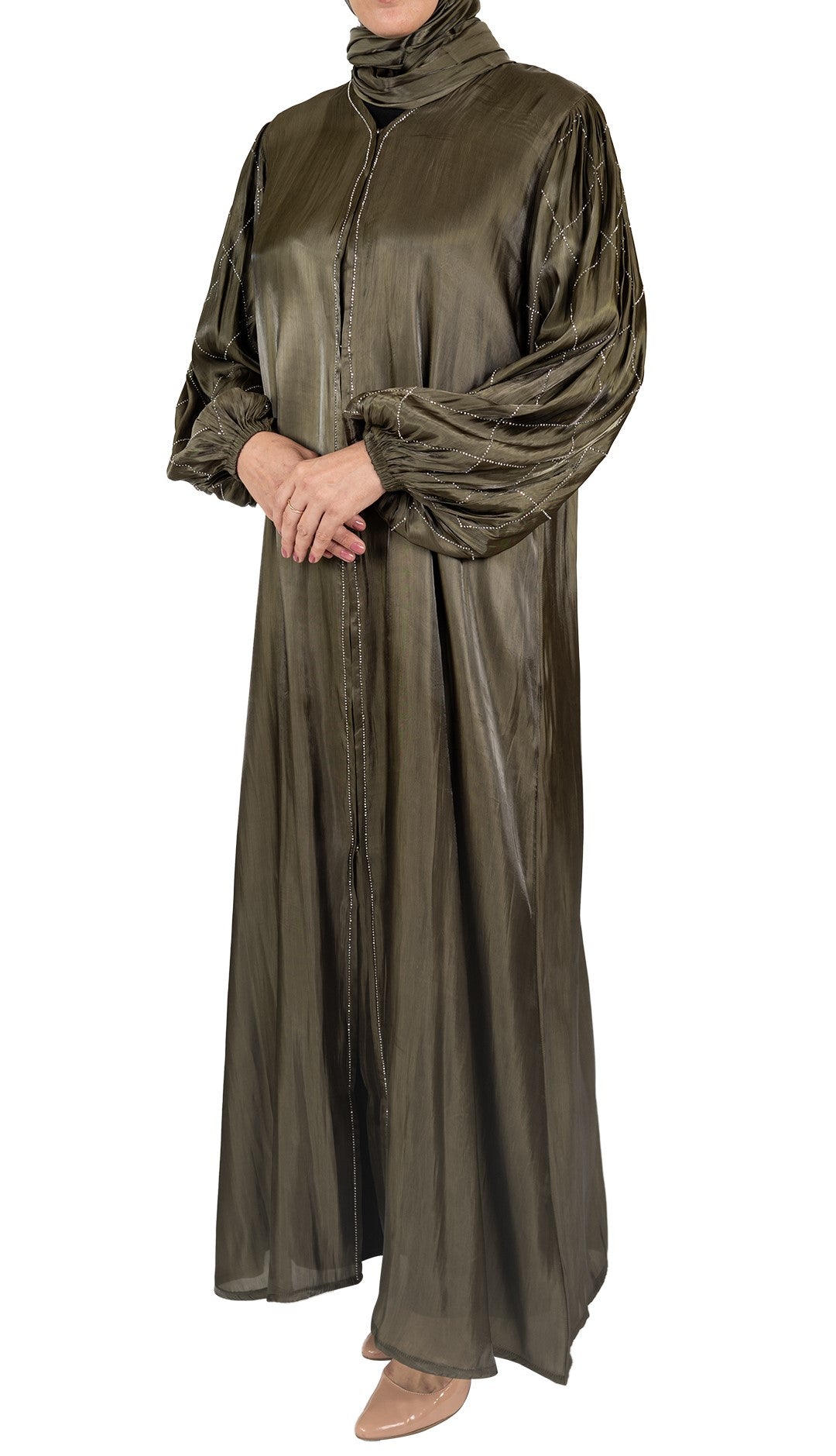 Khaki Embellished Organza Abaya