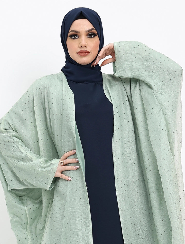 Mint Diamante Organza Open Abaya