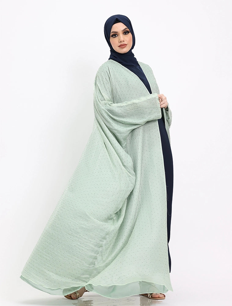 Mint Diamante Organza Open Abaya