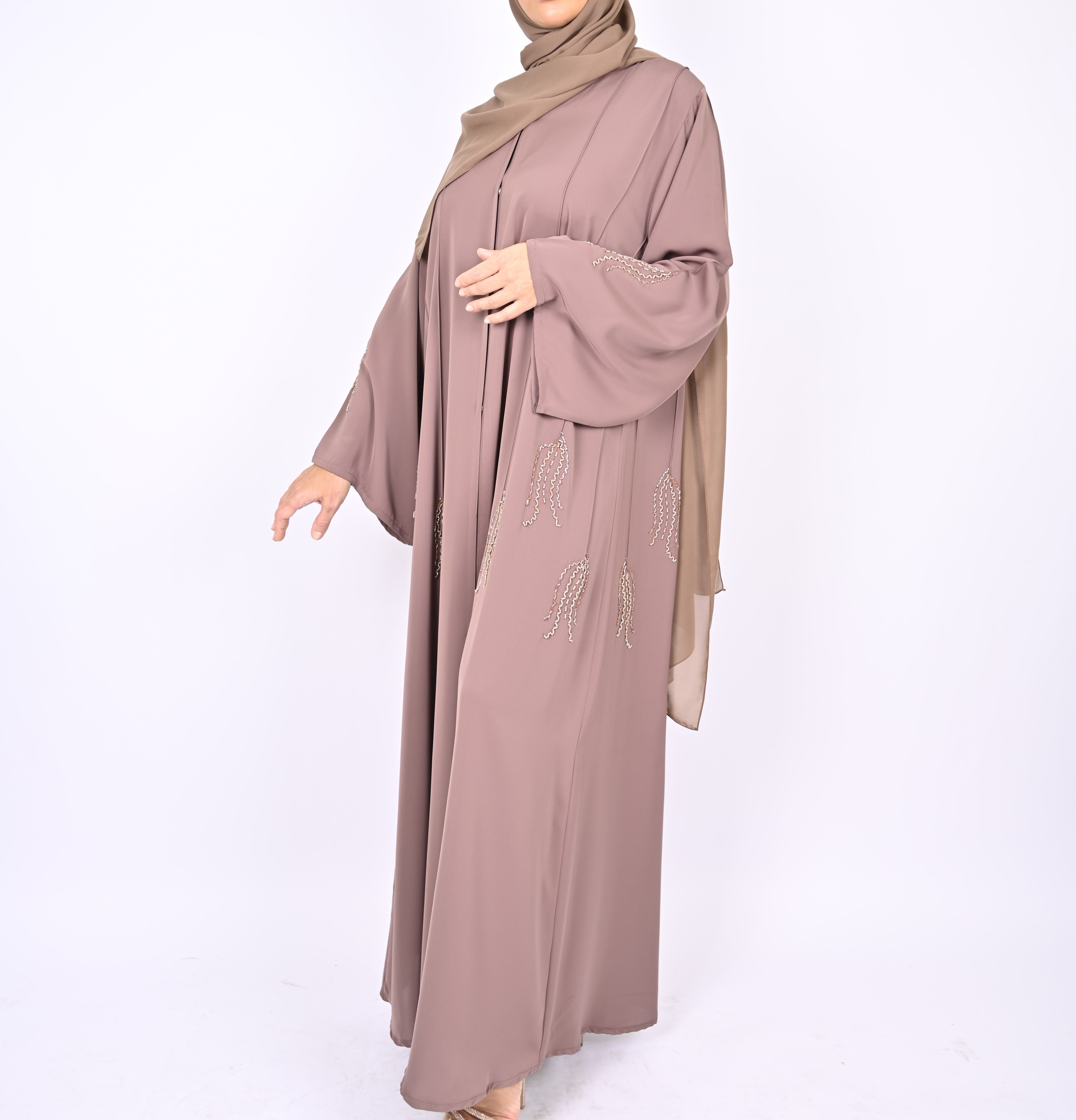 Nude Pink Pintucks Floral Hand Embellished Abaya