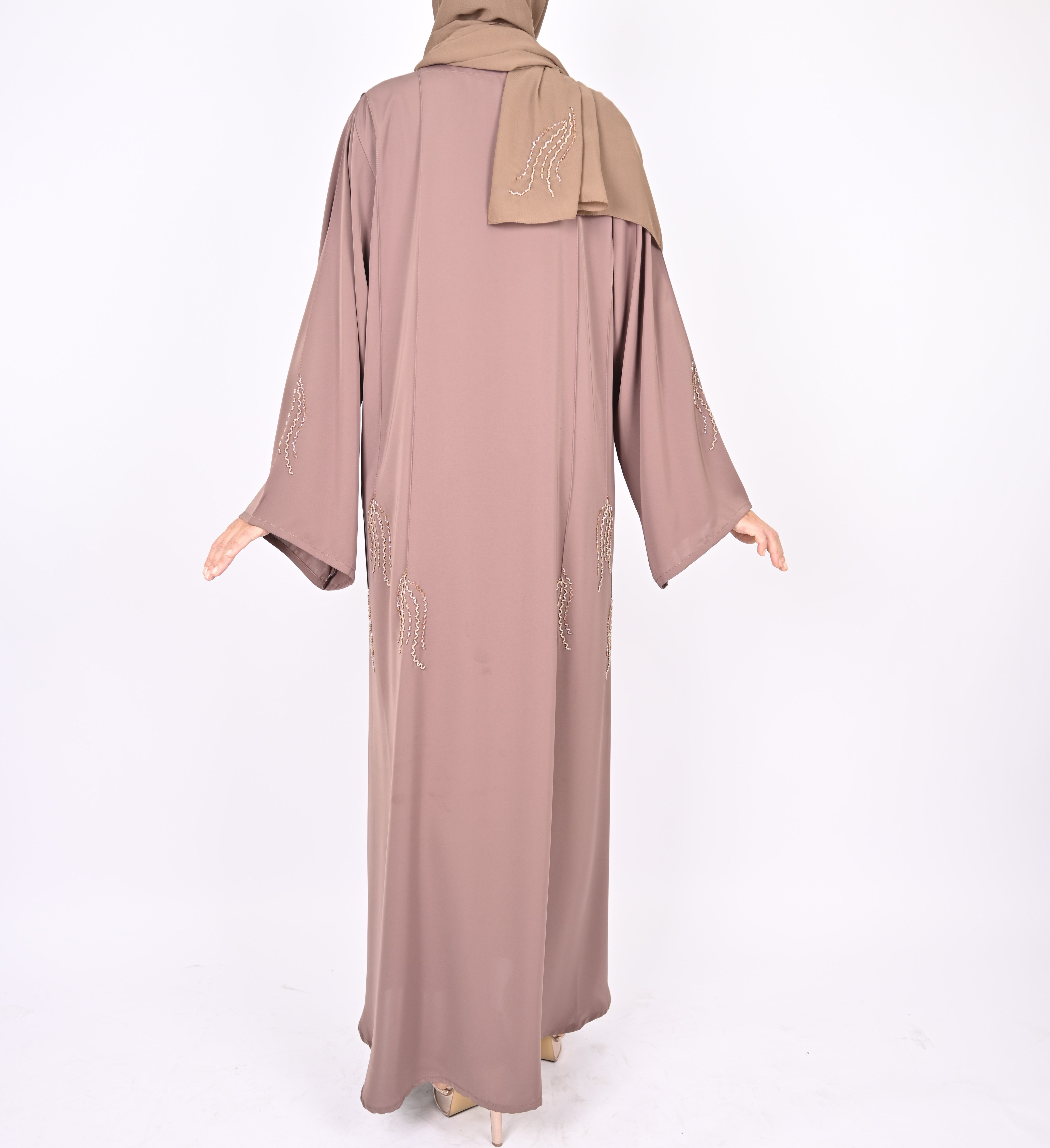 Nude Pink Pintucks Floral Hand Embellished Abaya
