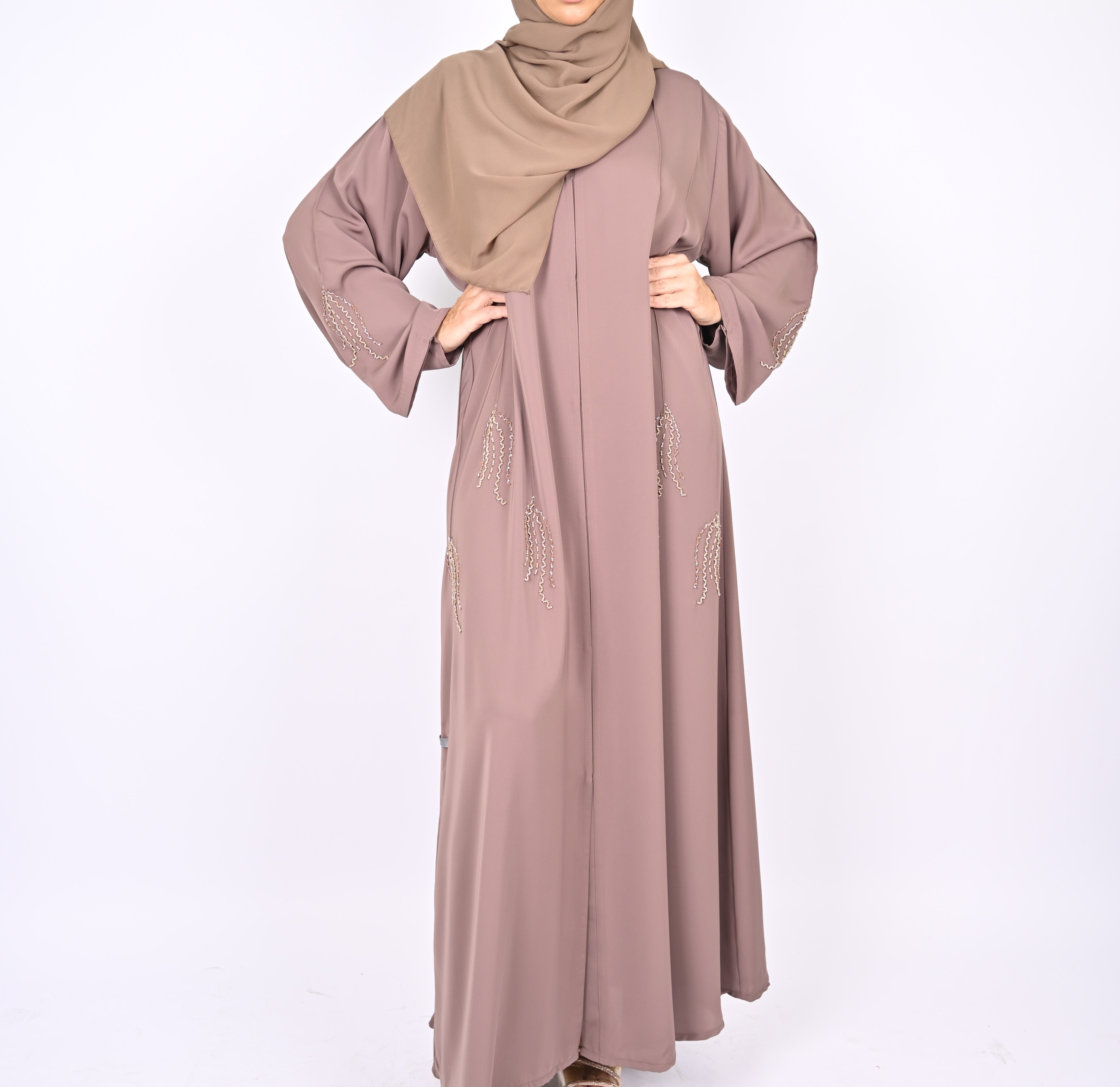 Nude Pink Pintucks Floral Hand Embellished Abaya